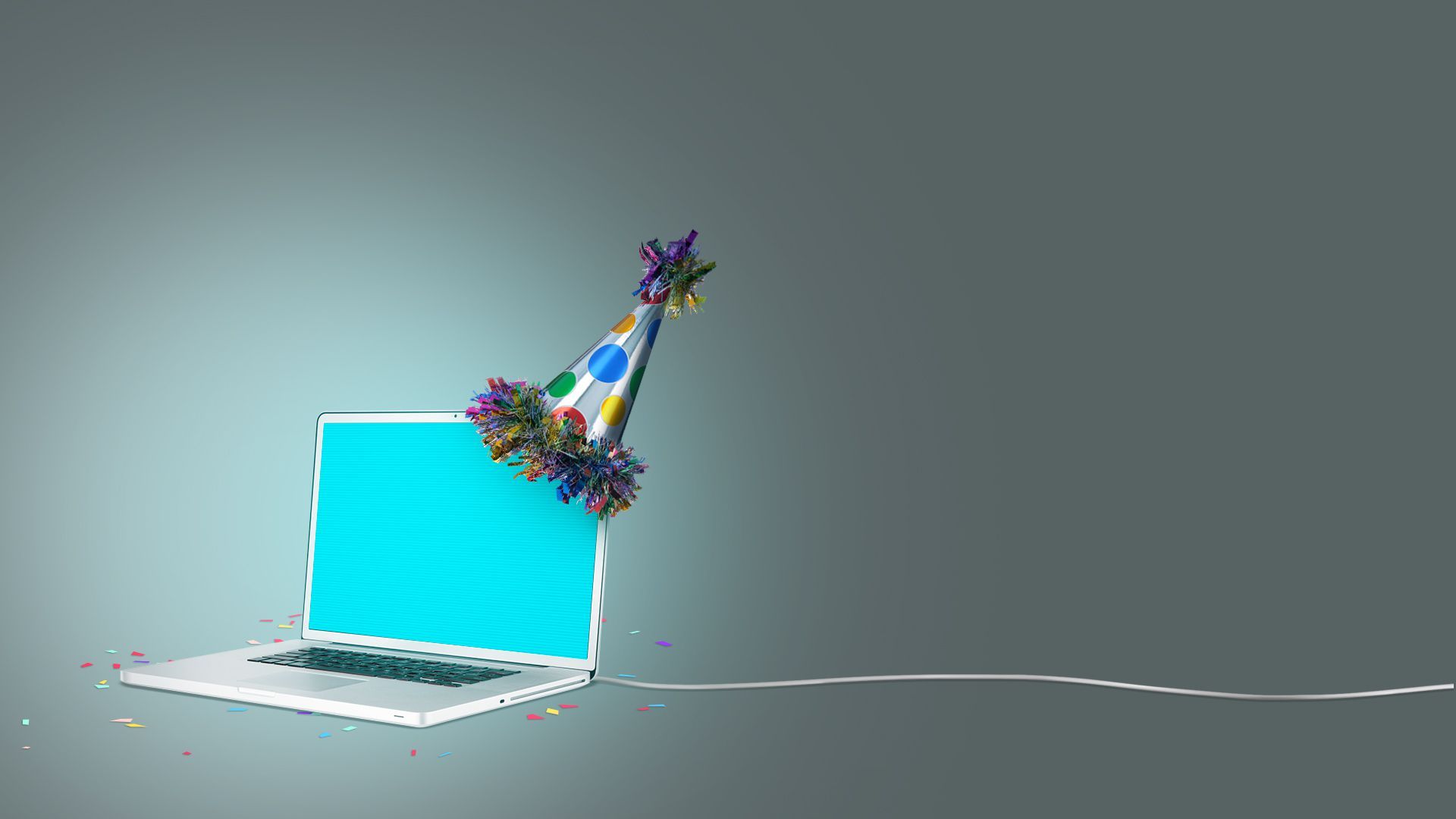 Illustration of a laptop with a party hat surrounded by confetti. 