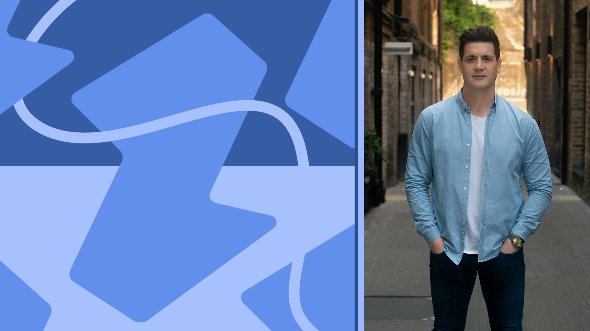 Photo illustration of Philip Belamant surrounded by a pattern made from the Zilch logo.