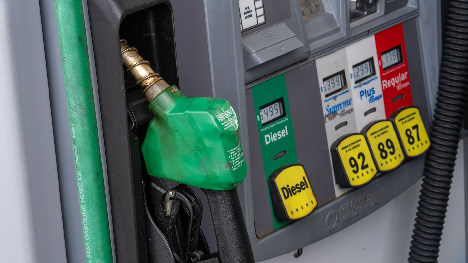 A Seattle gas pump showing diesel prices at $6.49. 