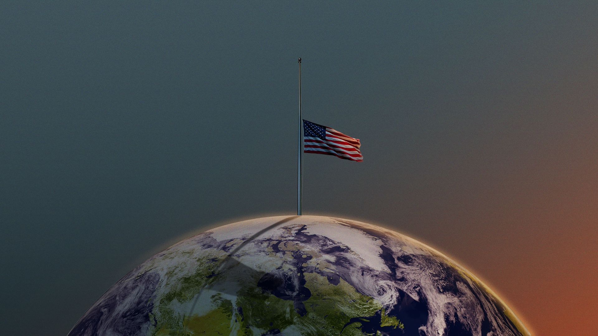 Illustration of an American flag at half mast, on top of the world.
