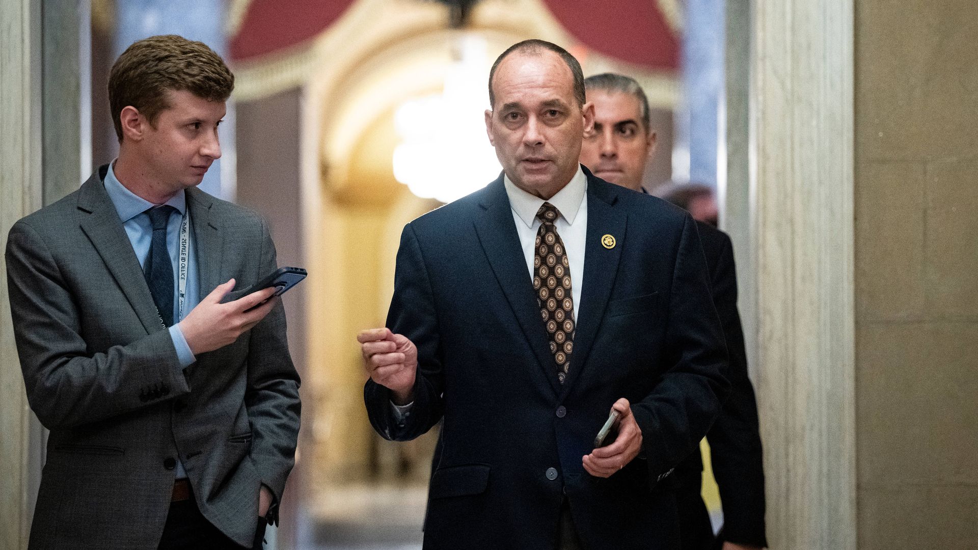 Representative Bob Good, a Republican from Virginia, right, speaks to members of the media at the US Capitol in Washington, DC, US, on Monday, May 6, 2024. Two Republican hardliners announced last week that they will force a vote on ousting House Speaker Mike Johnson, a battle they are virtually cer