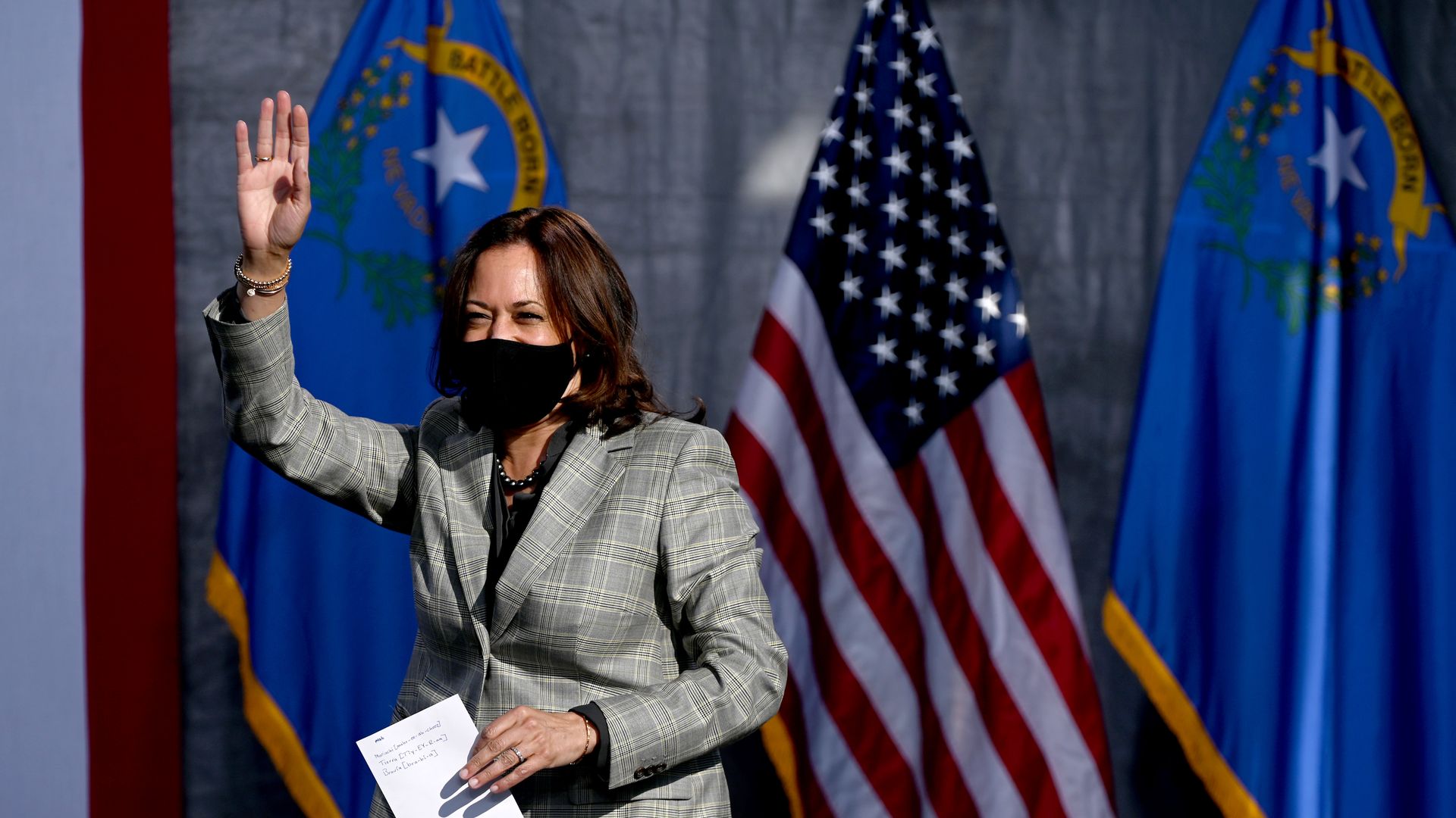 Senator Harris in front of a flag