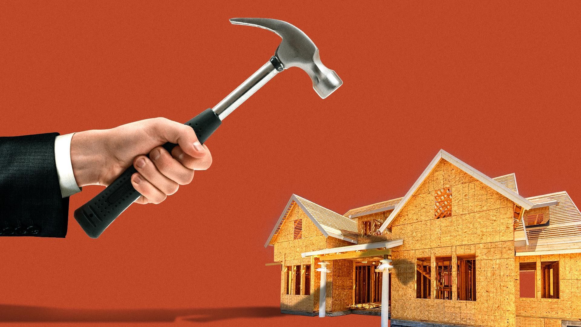 Illustration of a large hand holding a hammer over a partially built house.