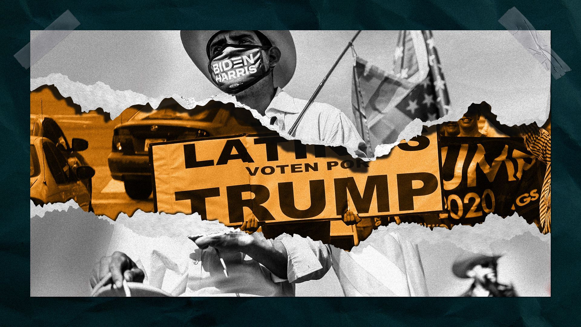 Illustration of a torn photo of Hispanic man wearing a Biden/Harris face mask overlaying a photo of a "Latinos voten por Trump" banner.