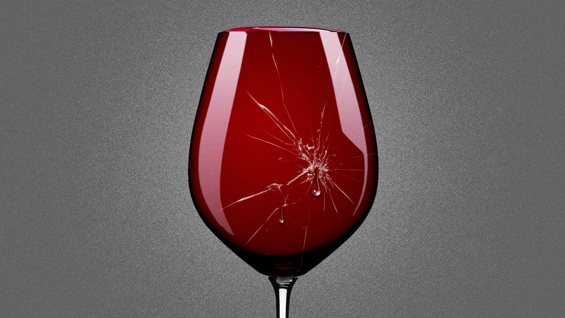 Illustration of a wine glass filled to the brim and leaking through a crack. 
