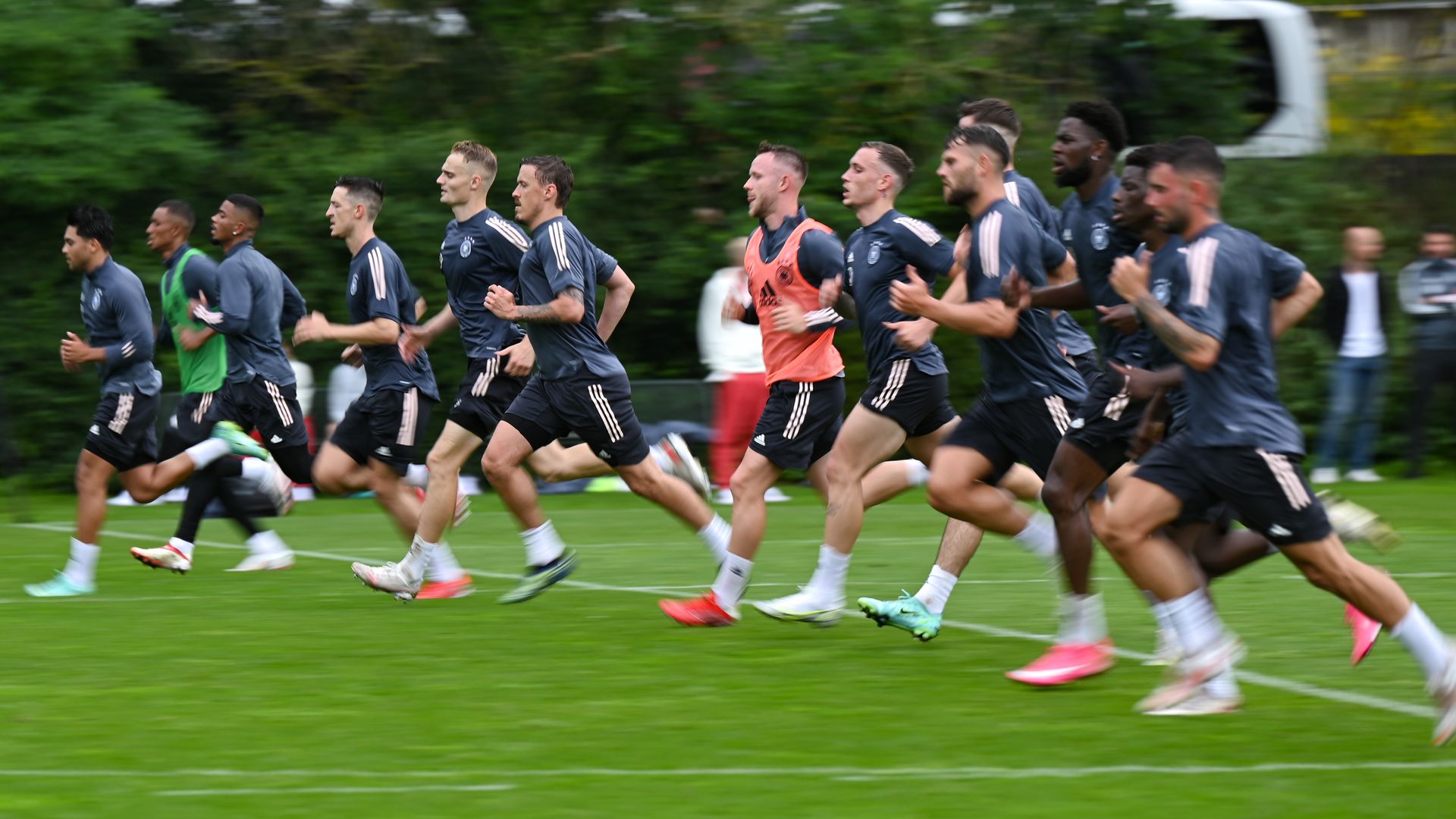The players of the German Olympic soccer team run during the final training at the Frankfurt stadium