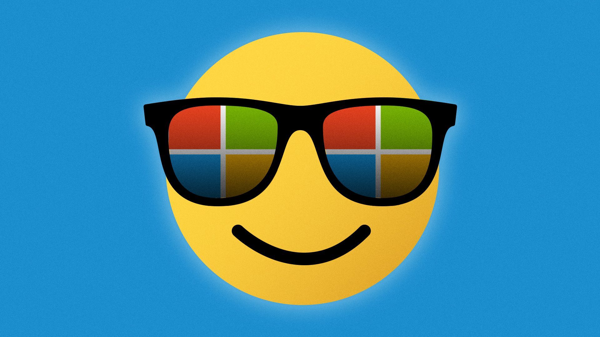 Illustration of the "cool" emoji wearing sunglasses with Microsoft's logo.