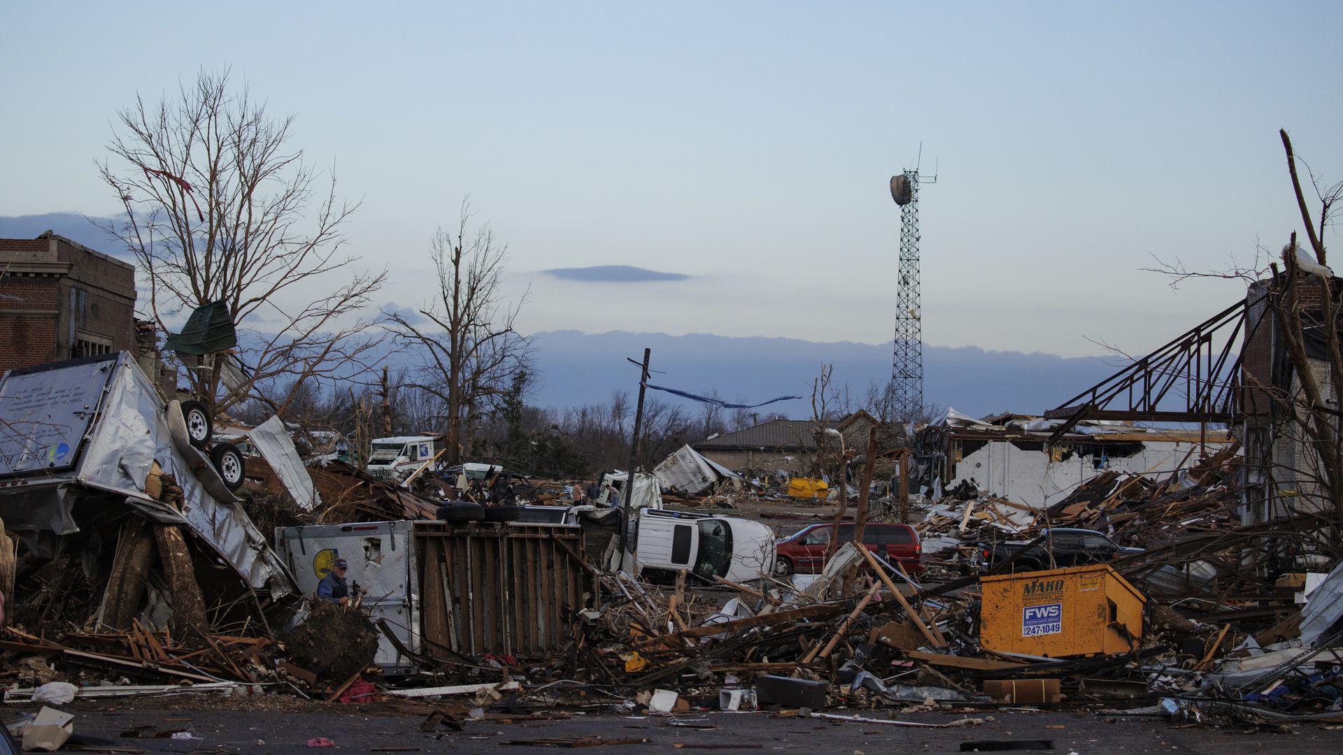 Heavy damage is seen downtown after a tornado swept through the area on December 11, 2021 in Mayfield, Kentucky.