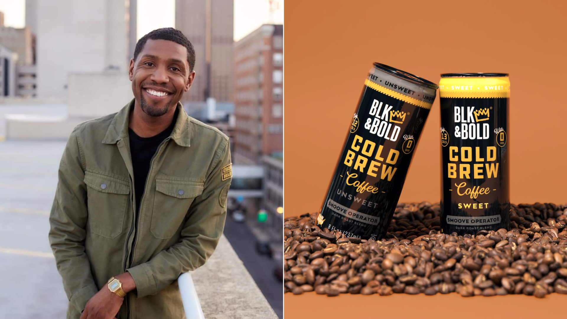 Rod Johnson and two cans of BLK and Bold Cold Brew