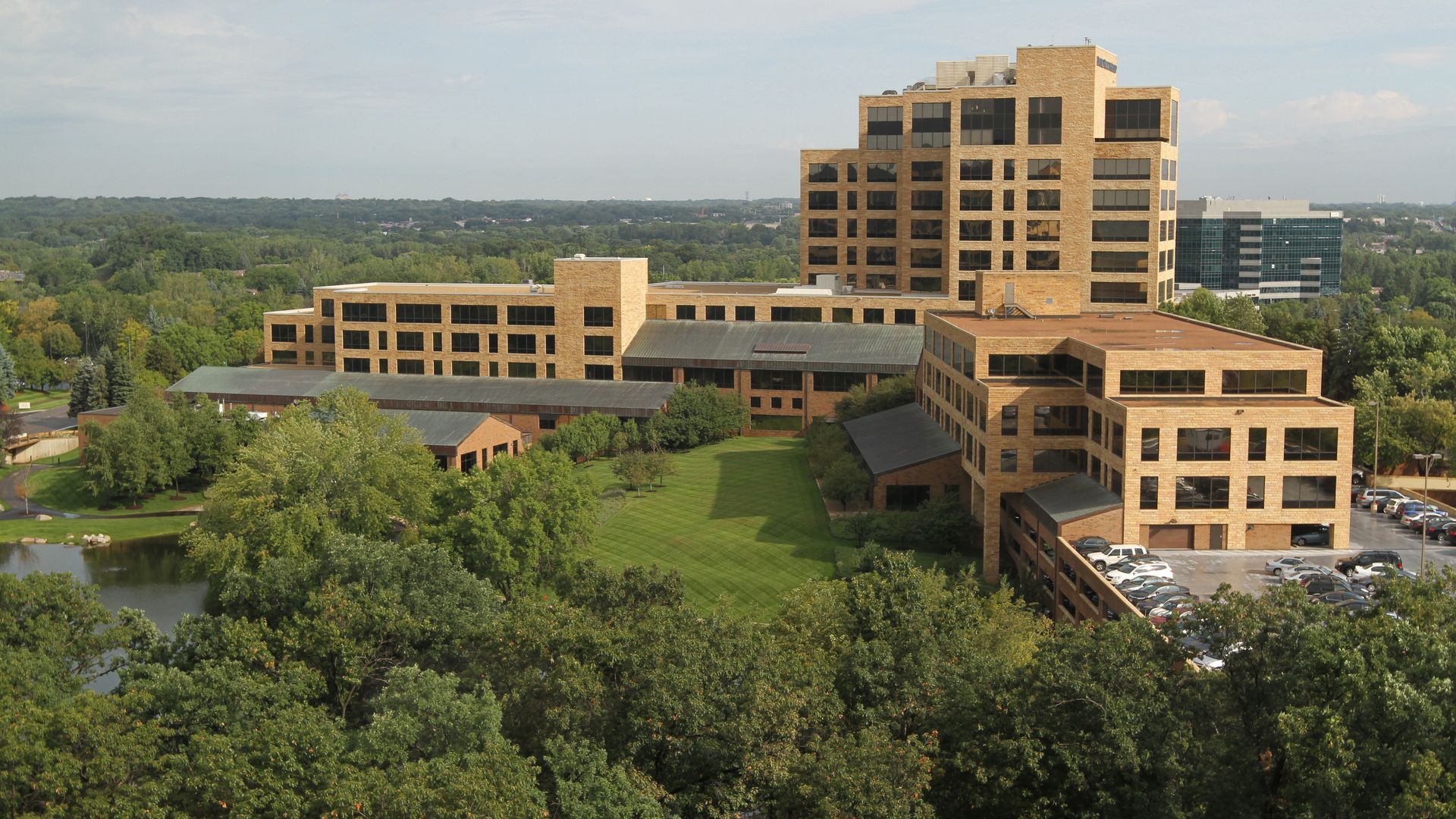 A group of buildings surrounded by trees, the UnitedHealth Group headquarters.