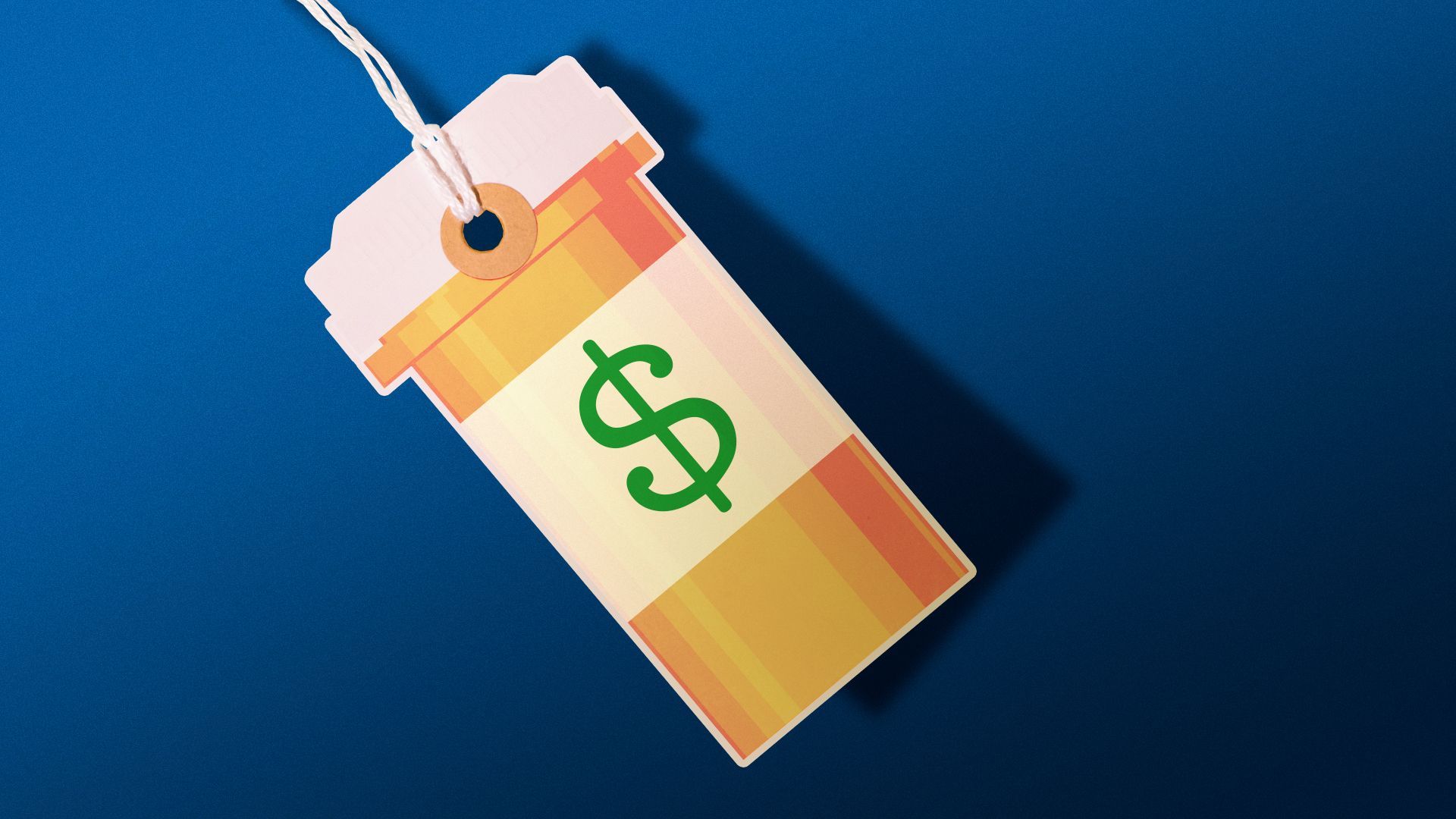 Illustration of a price tag shaped and colored like a prescription pill bottle