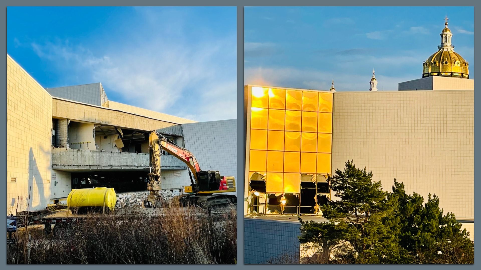 Two images showing a building demolition; left image has an excavator tearing down part of a tan wall, right image shows a gold reflective section of the building with damage and trees in front, blue sky
