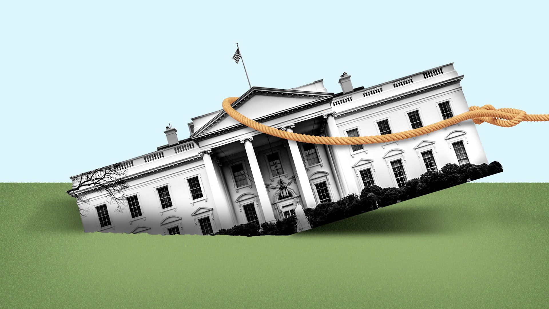 Illustration of the White House sinking into the ground, with a rope trying to pull it out