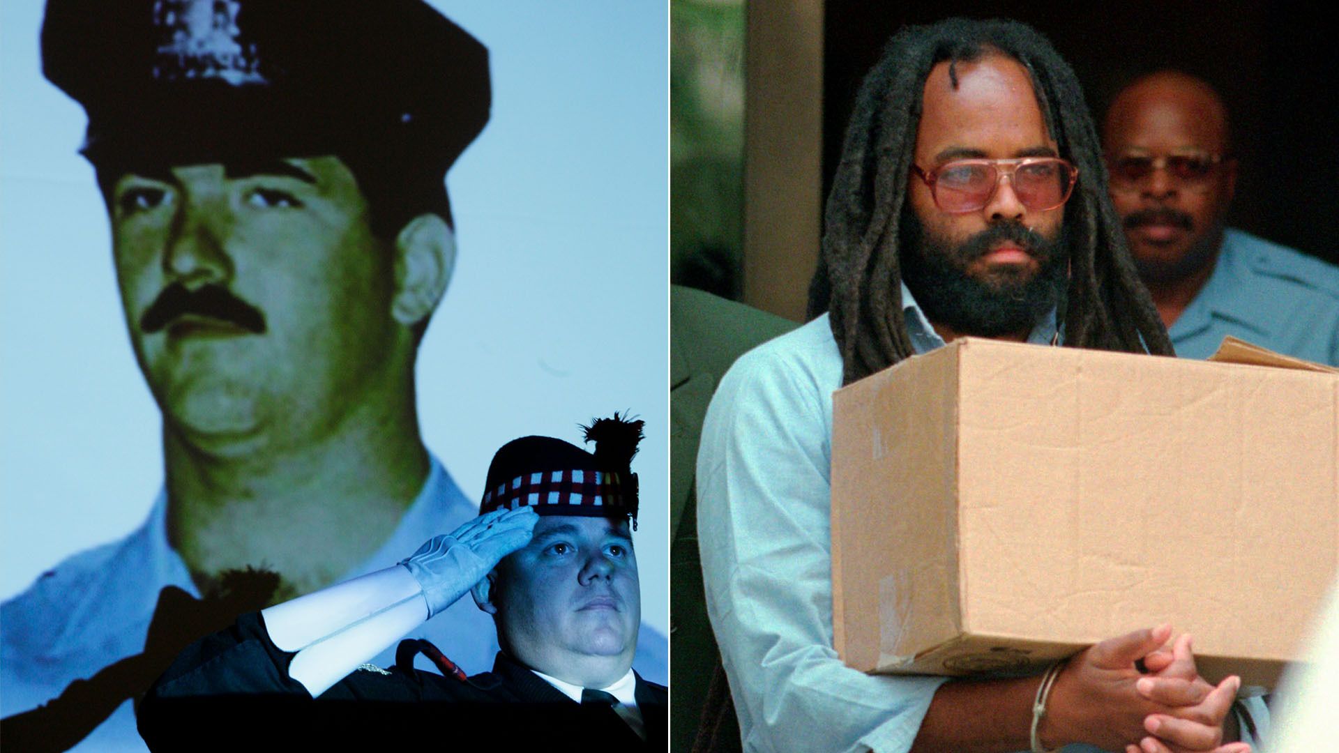 From left to right, a projection of slain Philadelphia police officer Daniel Faulkner; Mumia Abu-Jamal leaves City Hall.
