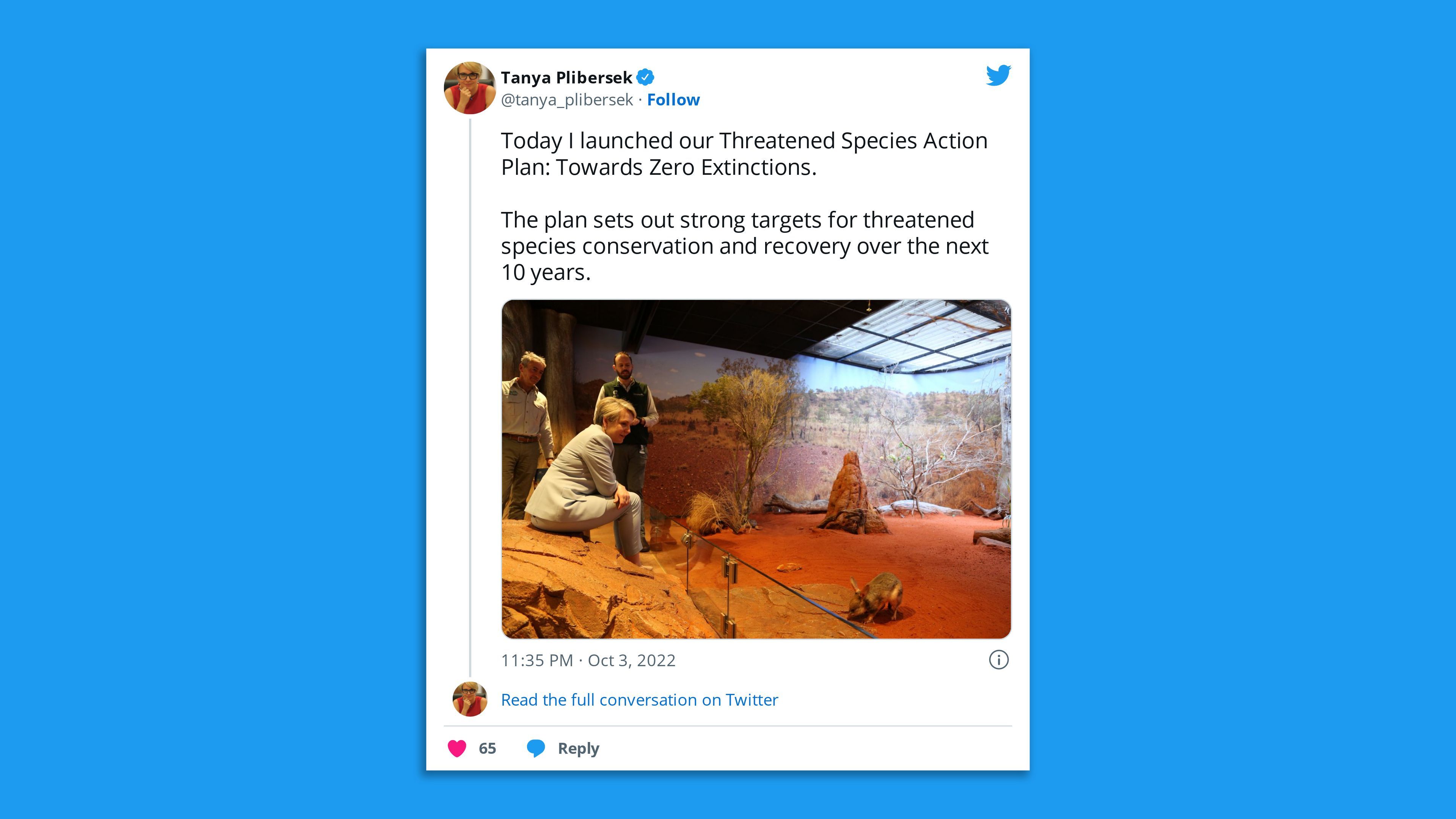 A screenshot of a tweet of Australia's environment minister with an endangered marsupial.