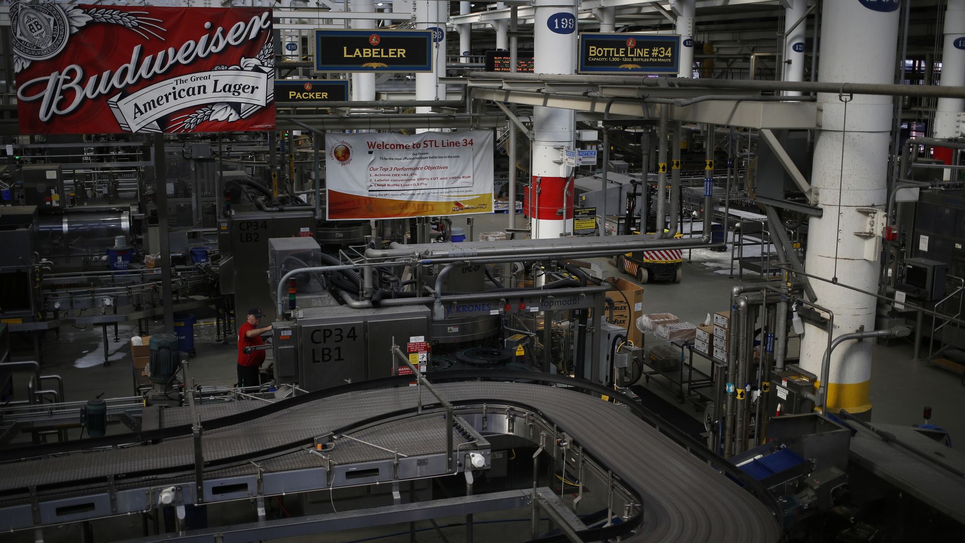 Budweiser signage hangs above the bottling line at the Anheuser-Busch Budweiser Brewery in St. Louis, Missouri, U.S., on Tuesday, April 1, 2014. 