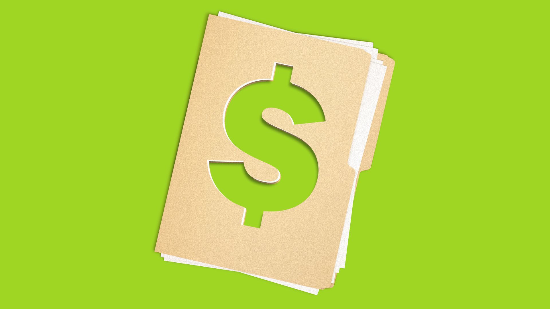 Illustration of a folder with a dollar bill sign cut out of it.