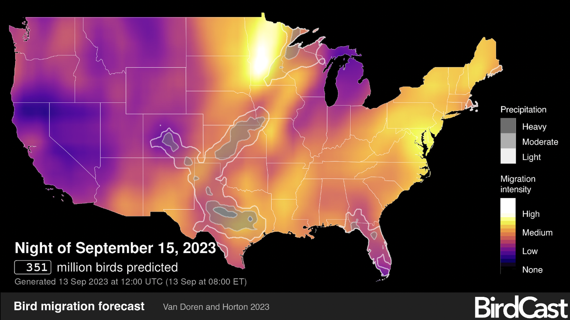 A heat map showing bird migration increasing in Iowa Sept. 15