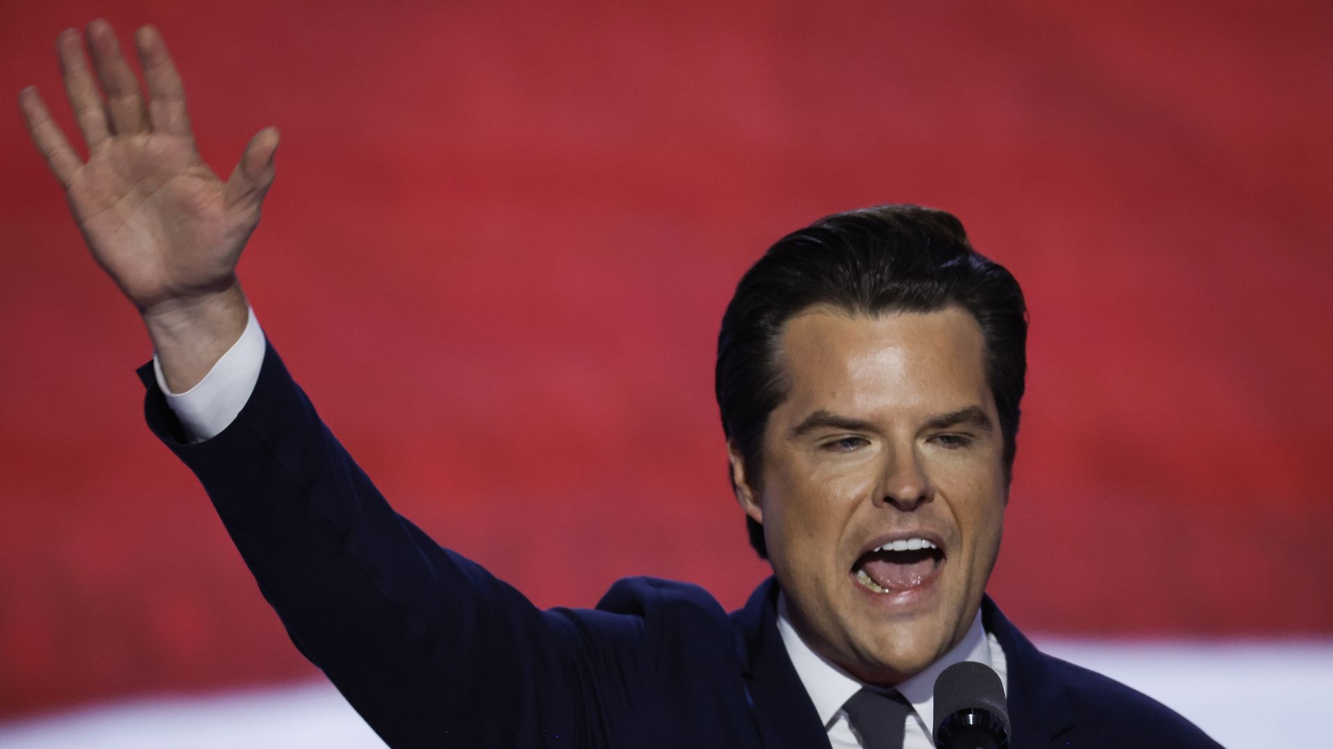 . Rep. Matt Gaetz (R-FL) speaks on stage on the third day of the Republican National Convention at the Fiserv Forum on July 17, 2024 in Milwaukee, Wisconsin. 