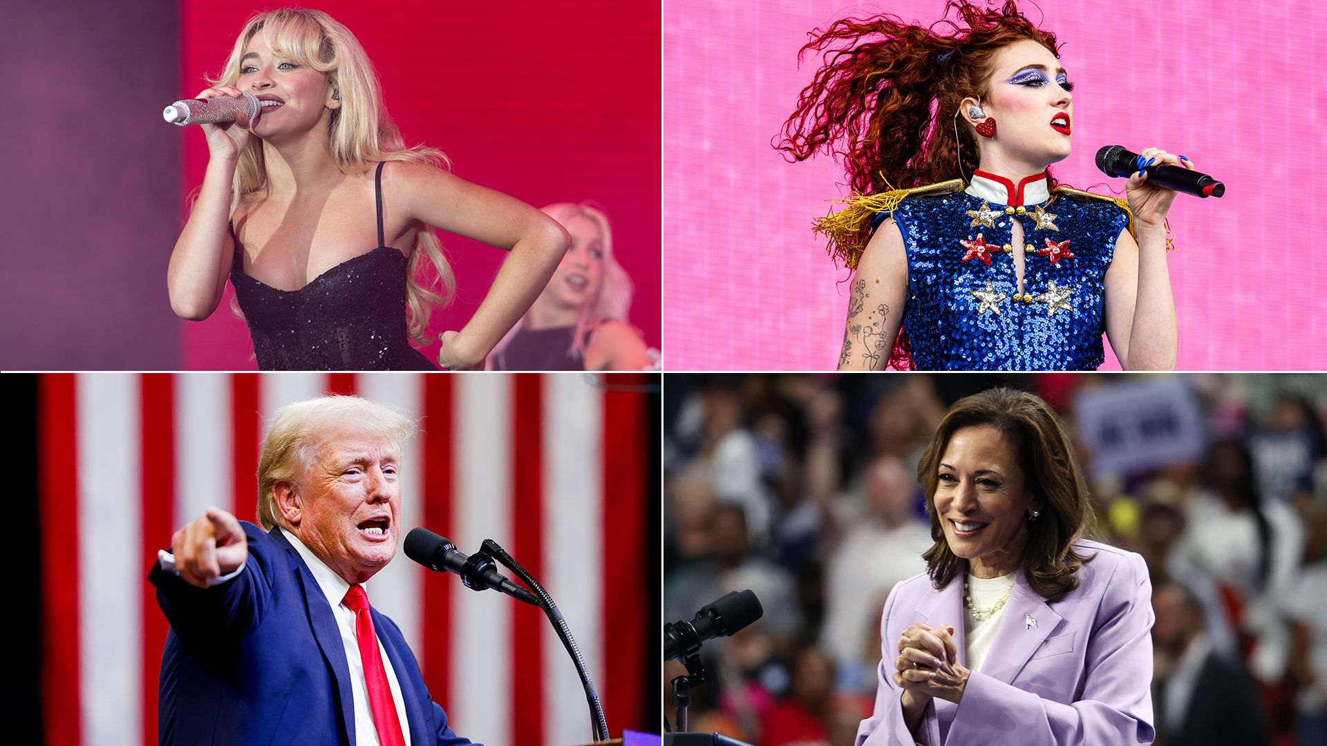 Individual photos of Sabrina Carpenter, Chappell Roan, Donald Trump and Kamala Harris. 