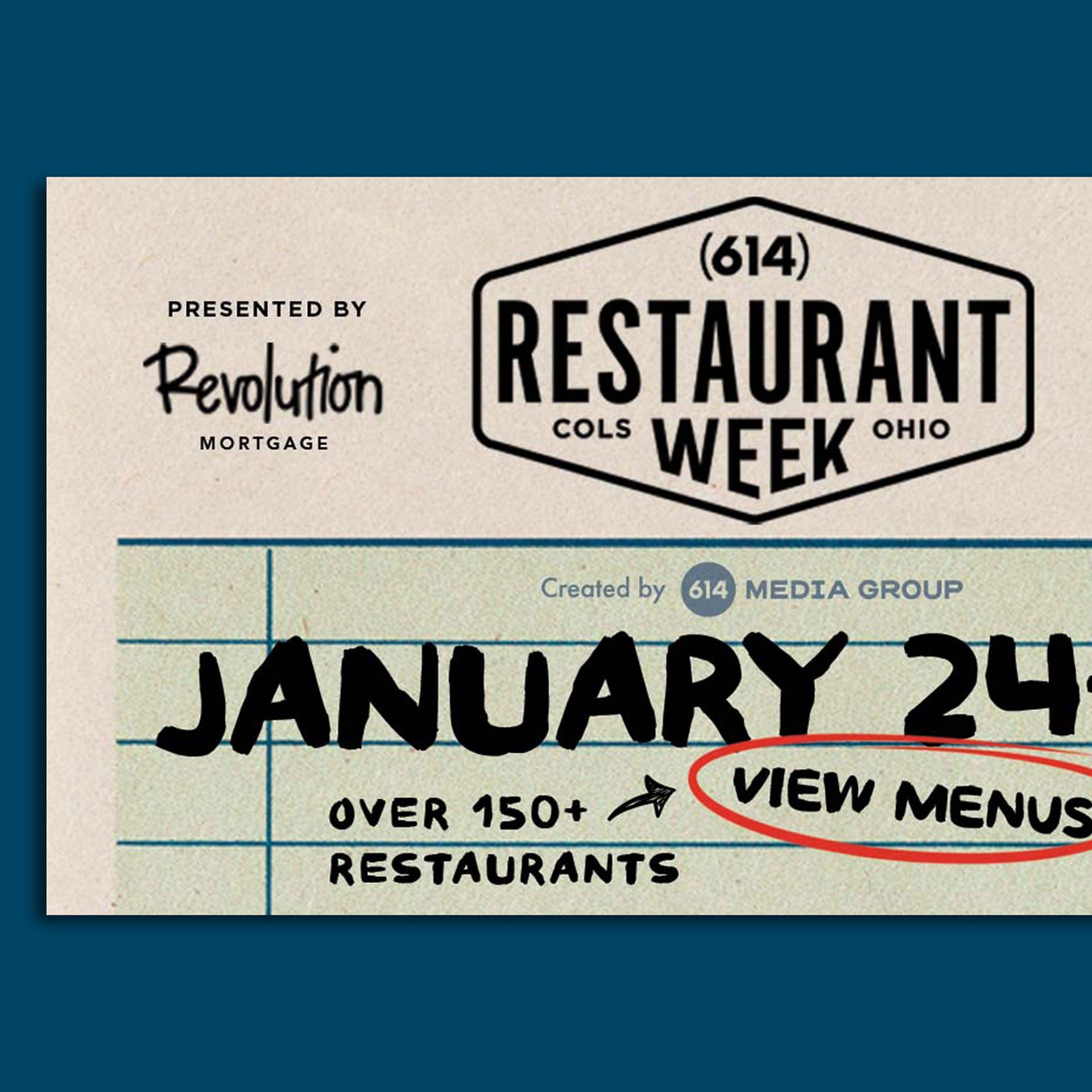 A logo for 614 Restaurant Week featuring the January 24-29 date, sponsors and a menu teaser