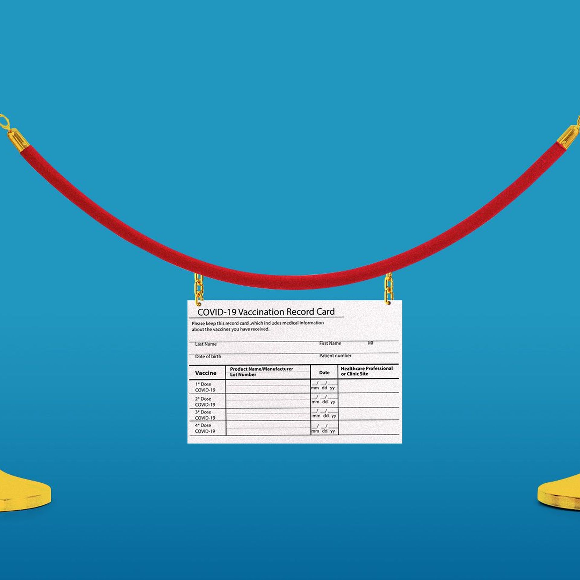 Illustration of a rope barrier with a vaccination card hanging from the rope section. 