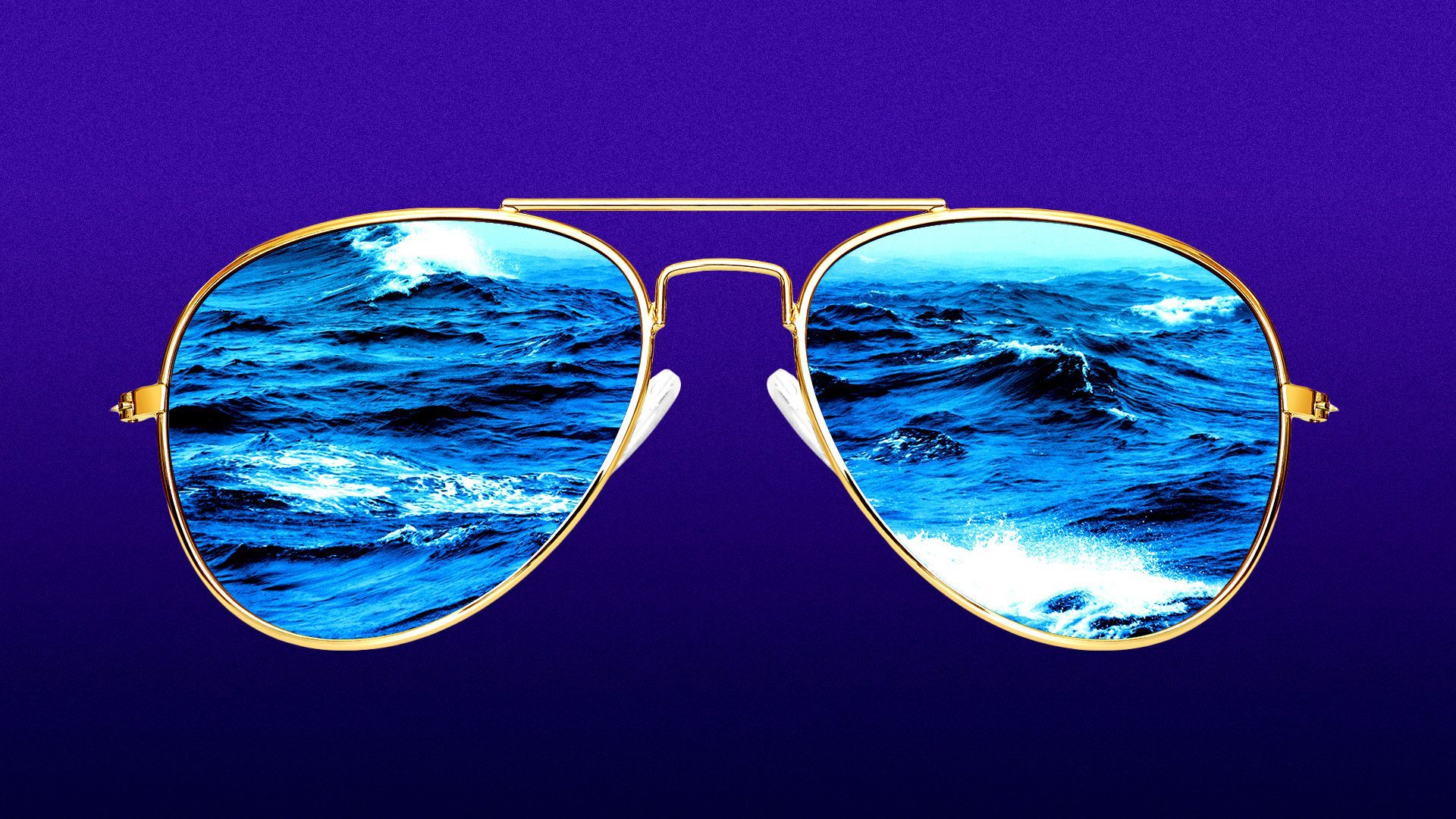 Illustration of aviator sunglasses with waves reflecting from the lenses.