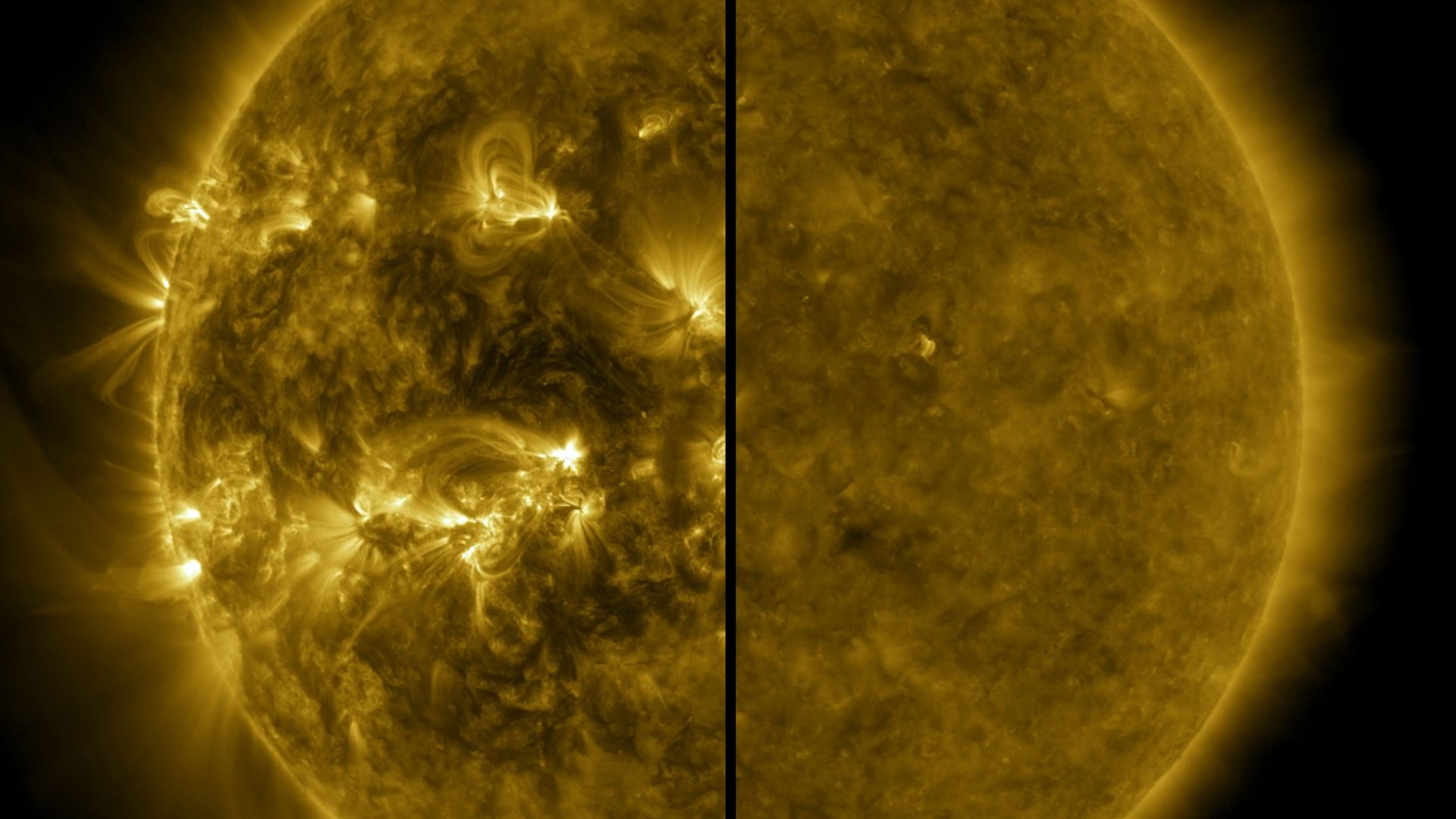 A split showing an active Sun on the left and a quiet Sun on the right.