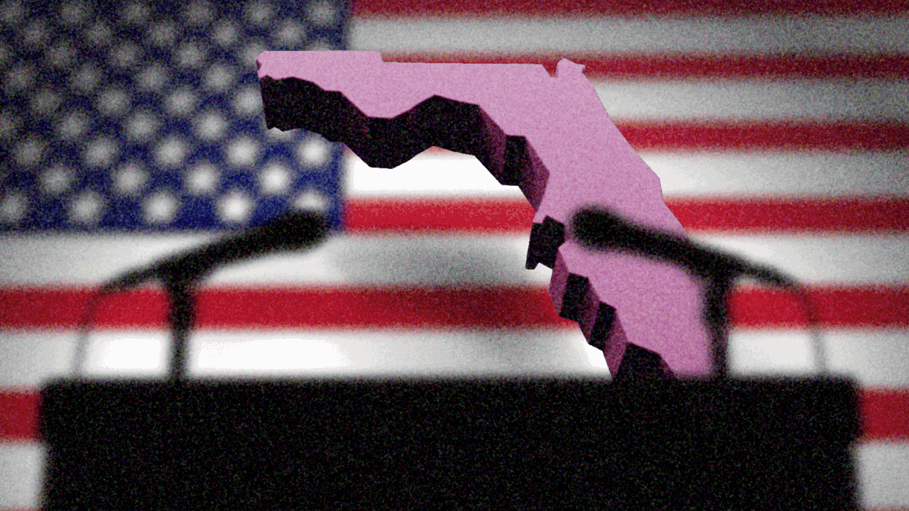 Animated illustration of the shape of the state of Florida, seen from below behind a podium with two microphones and in front of an American flag backdrop. The shape of Florida occasionally glitches.