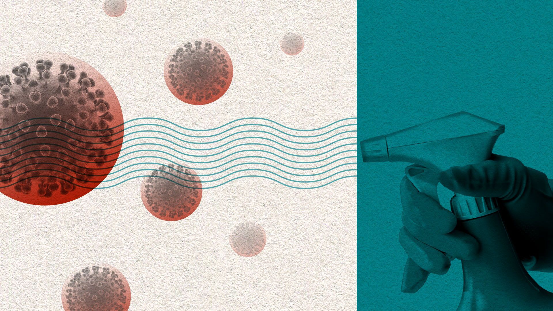 Illustration of a spray bottle spraying a collection of virus cells