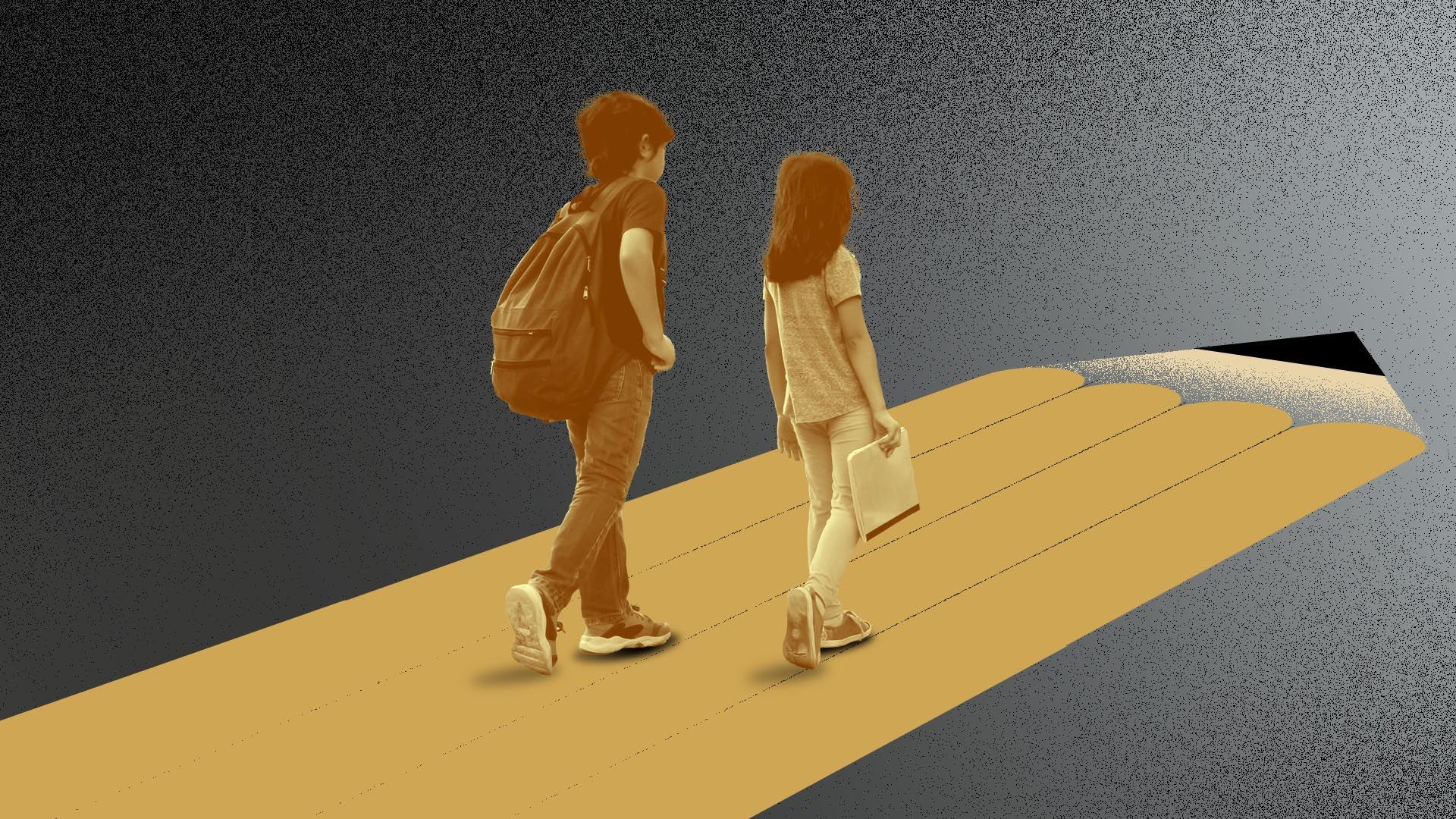 Illustration of two children walking along a flat pencil as a road surrounded by darkness