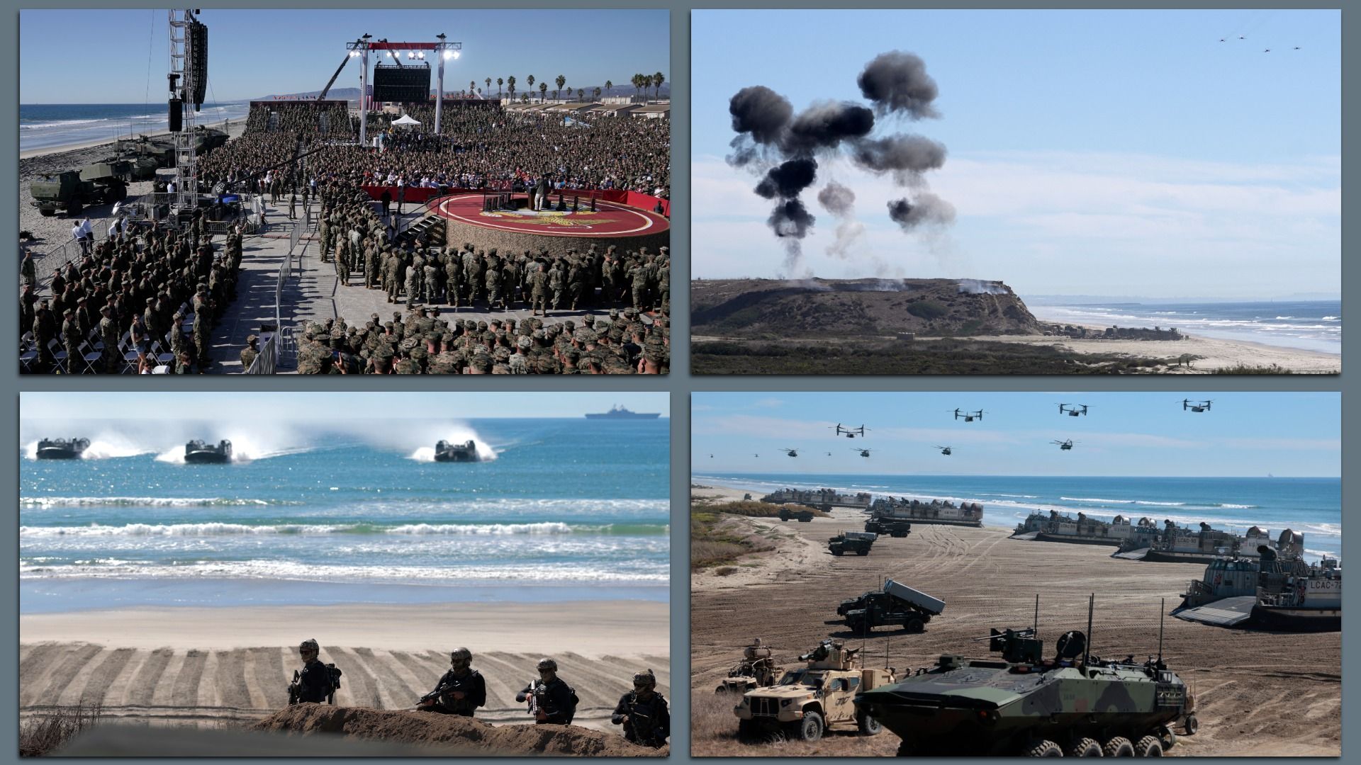 A collage of four photos show scenes from the live-fire amphibious assault demonstration at Camp Pendleton, including a crowded event with Marines and military personnel in uniform, smoke from explosions over the beach, and military vehicles, ships and aircraft landing on the beach.
