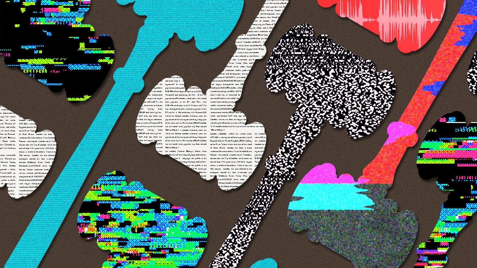 Illustration of a pattern of silhouettes of gavels, with static, text, glitch, and tv color bar patterns in each gavel.
