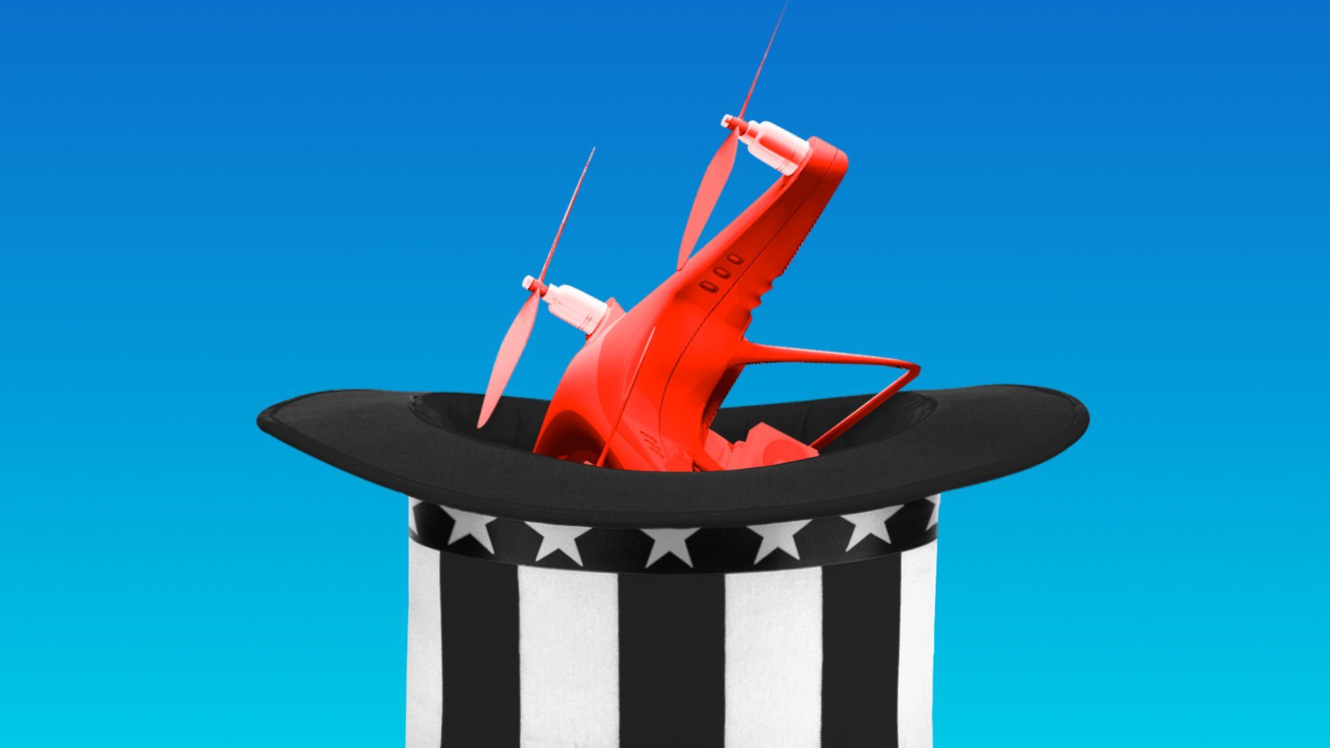 Illustration of a drone in an Uncle Sam top hat. 