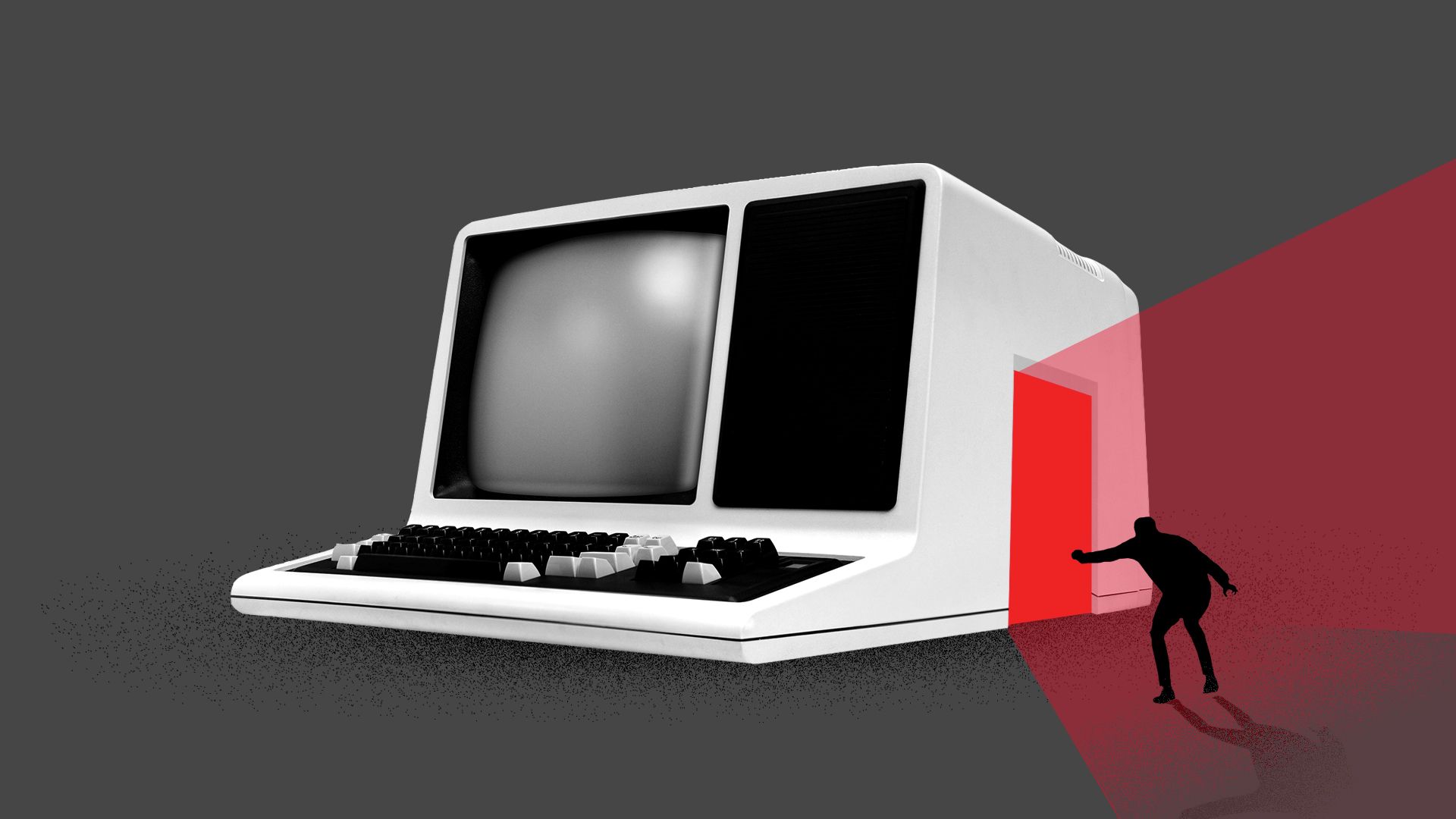 Illustration of a computer with a door open on the side, light is streaming out of the door and someone is sneaking in. 