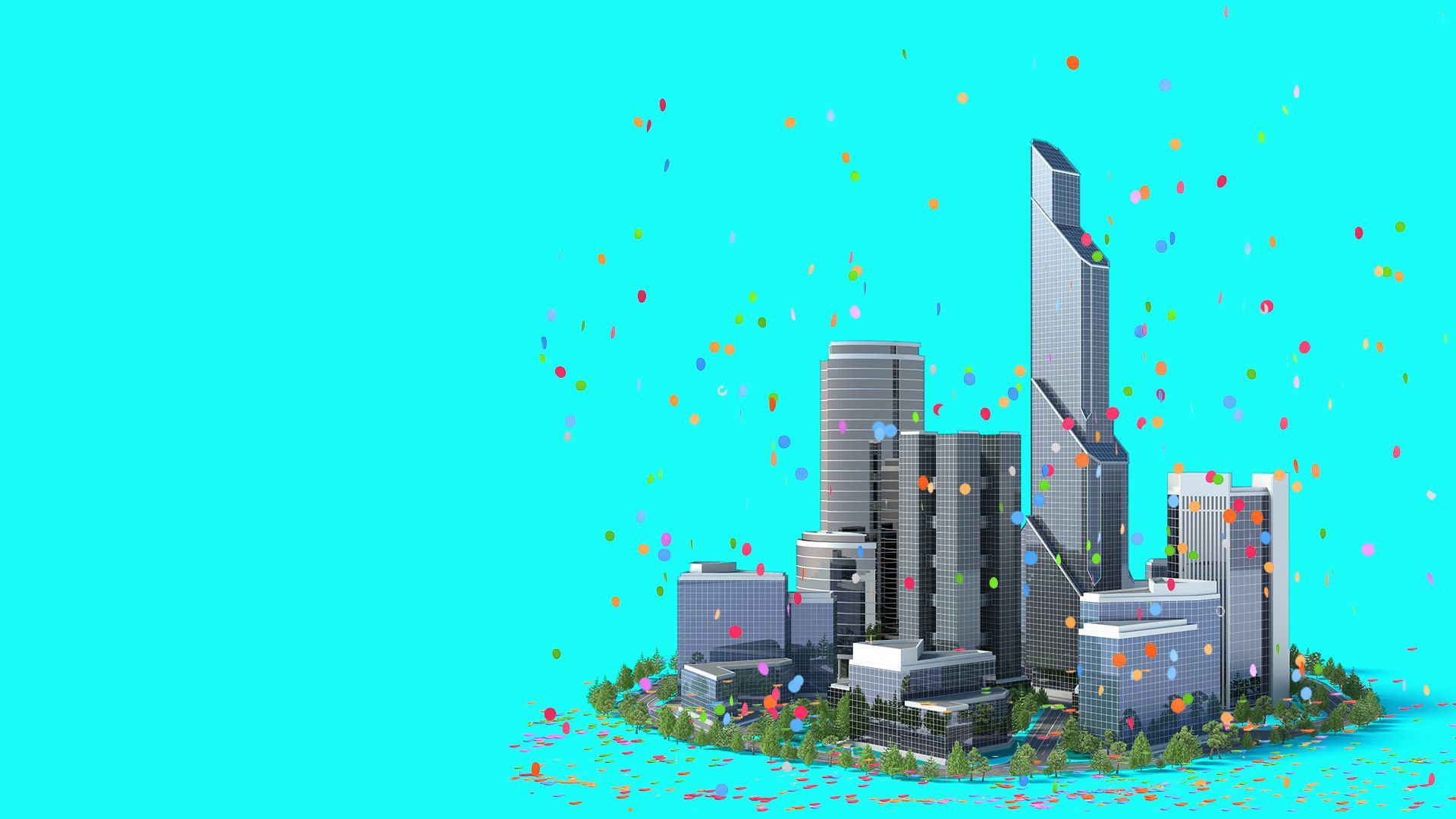 Illustration of a city with confetti coming down over it.   