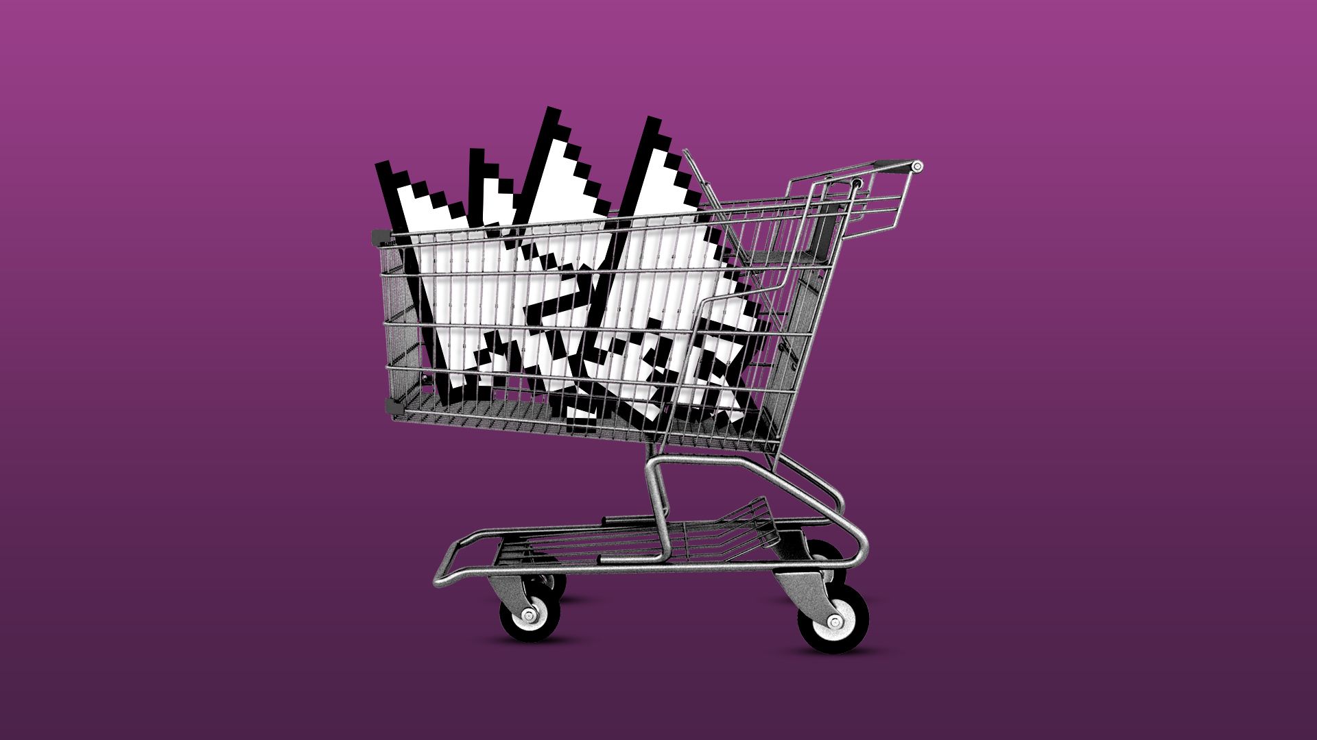 A metal shopping cart on a purple gradient background, filled with jagged, black-and-white pixel shapes that resemble bar charts, creating an abstract data motif.