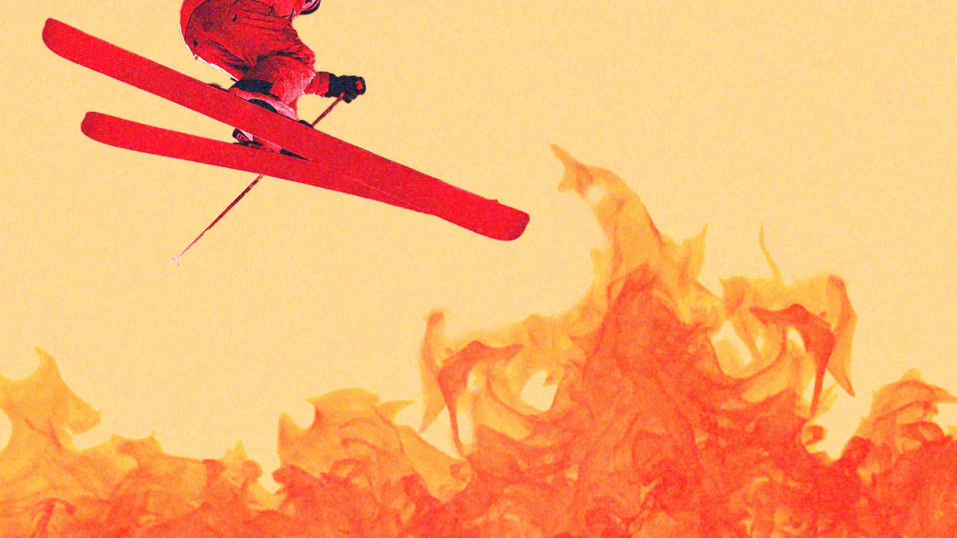 Illustration of a person on skis jumping over mountains made of fire