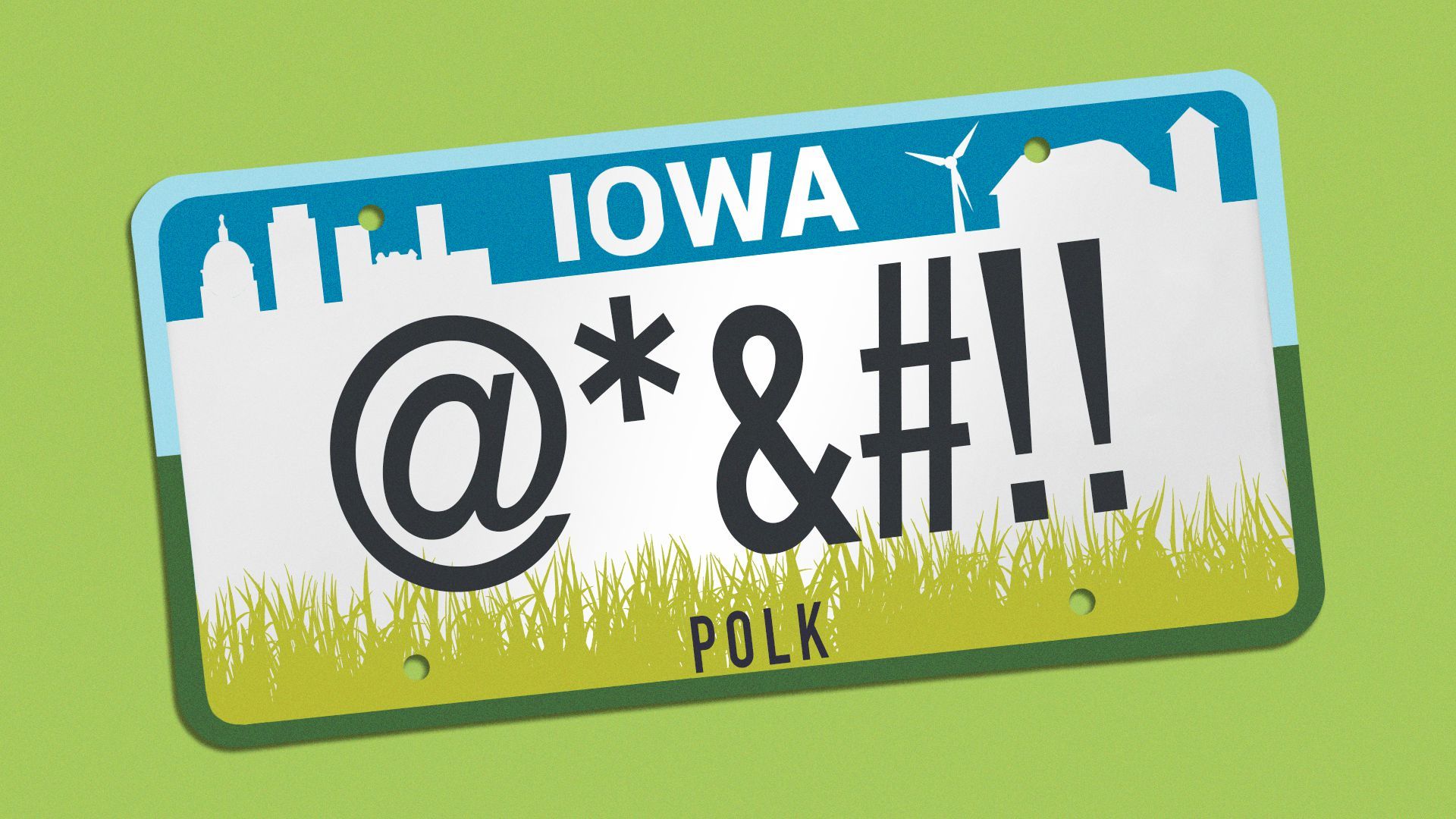 Illustration of the Iowa license plate with symbols implying a swear word.