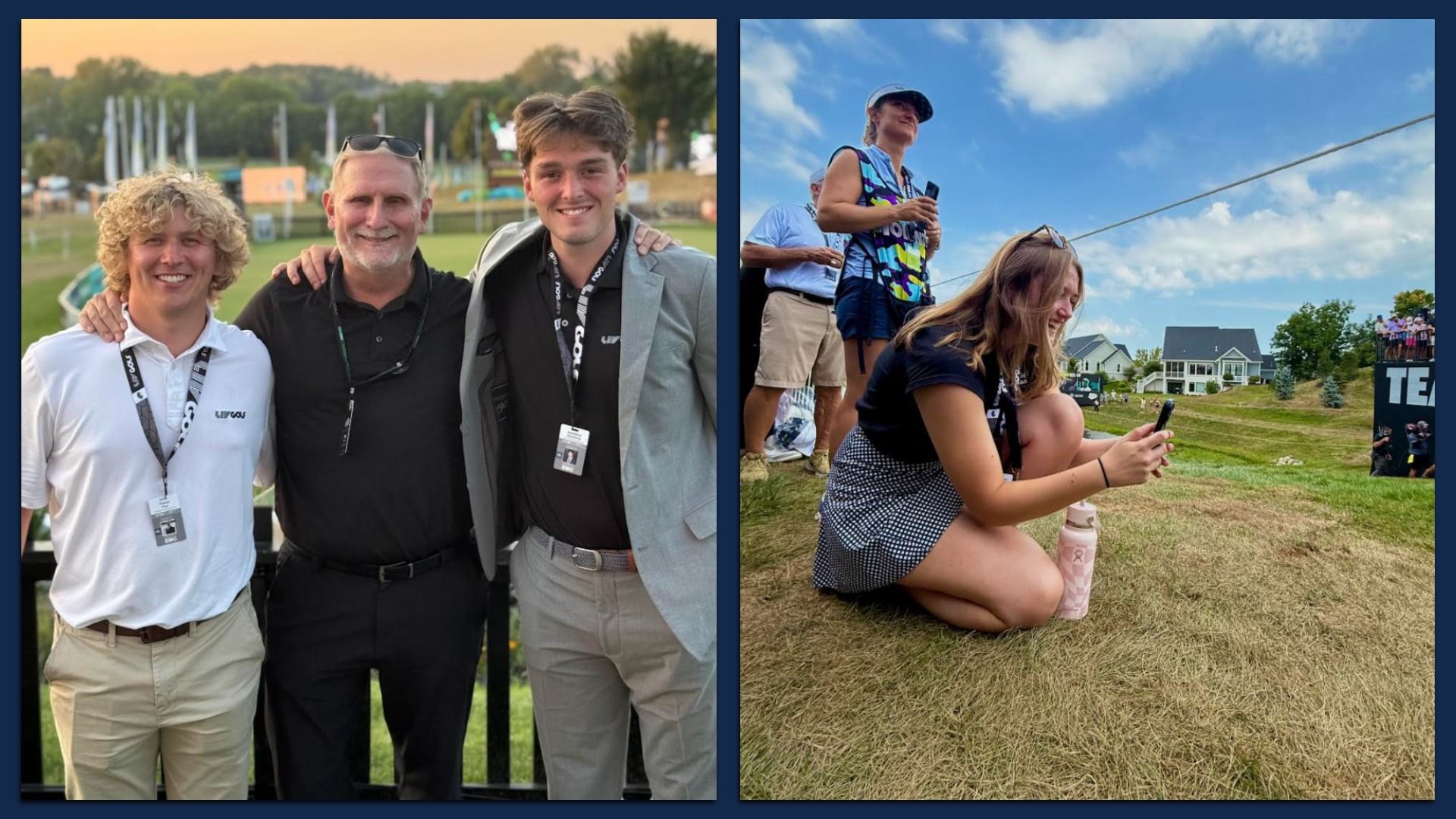 Two side-by-side photos: left shows three smiling men, two young and one older with gray hair, standing outdoors; right shows a young woman crouching on grass, smiling and holding a phone.