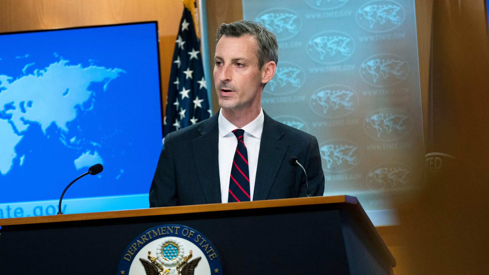 US State Department spokesman Ned Price speaks during a news conference at the State Department, March 10, 2022, in Washington, DC.