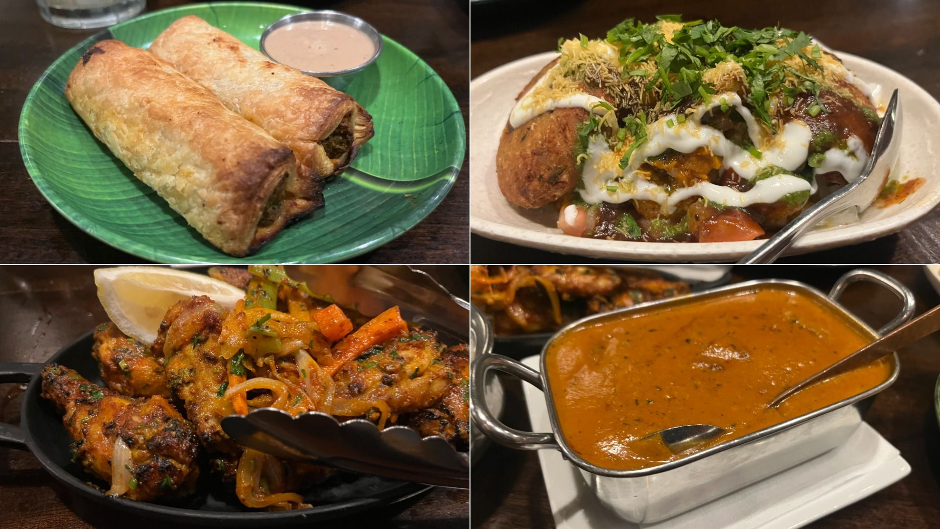 Collage of four dishes: two golden pastry rolls with dip; top-right chaat with yogurt, cilantro; bottom-left roasted chicken wings with onions and lemon; bottom-right orange curry in a sauce boat.