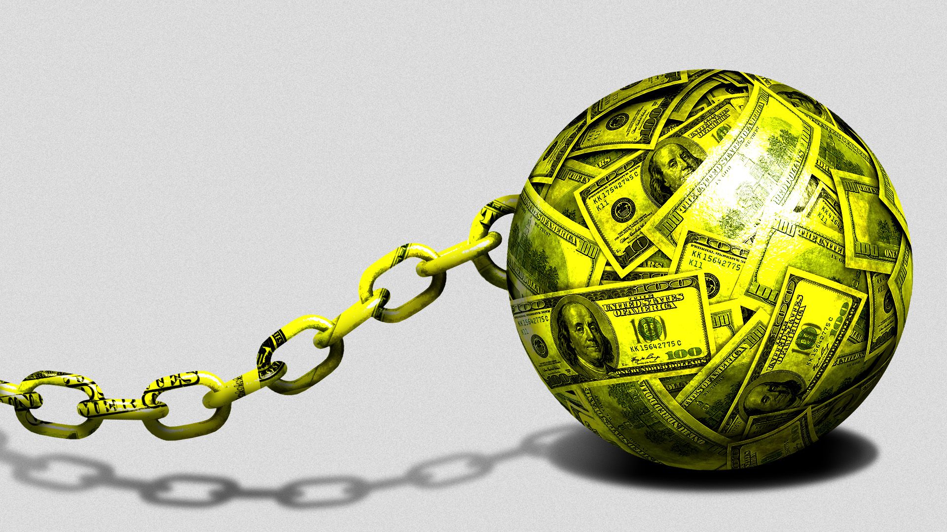 Illustration of a ball and chain made out of hundred dollar bills