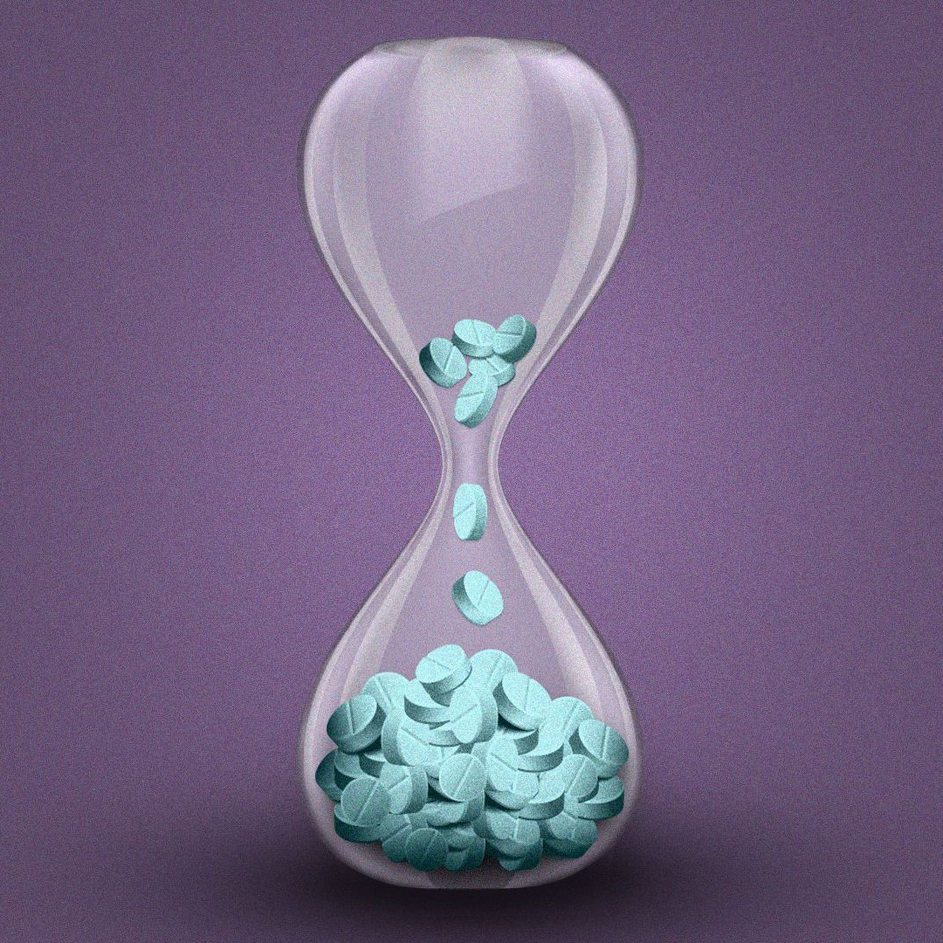 Illustration of an hourglass full of pills that have almost run out.
