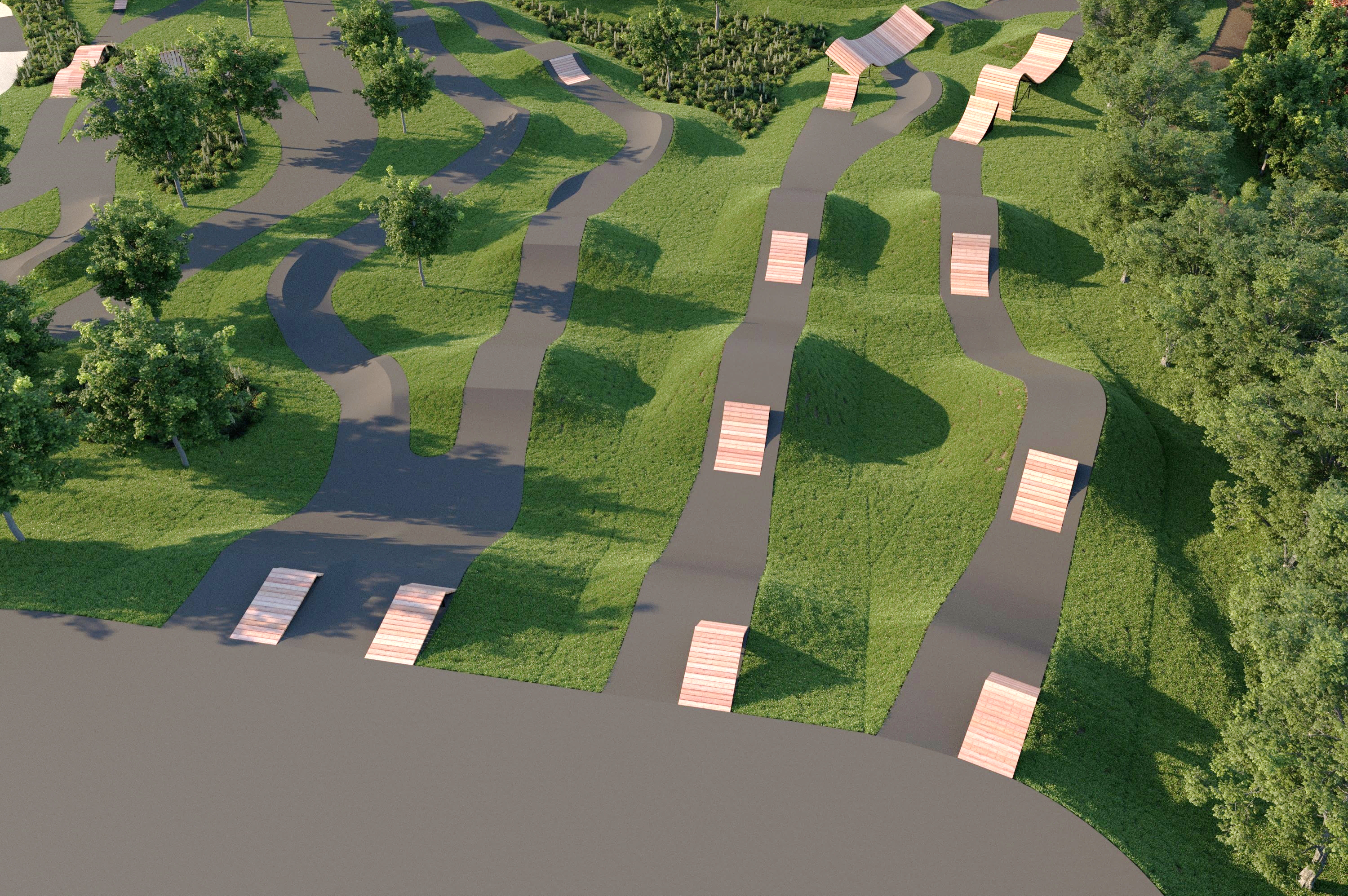 Aerial view of a green outdoor bike park with multiple winding asphalt trails, grassy hills, wooden ramps, and scattered trees on a sunny day.