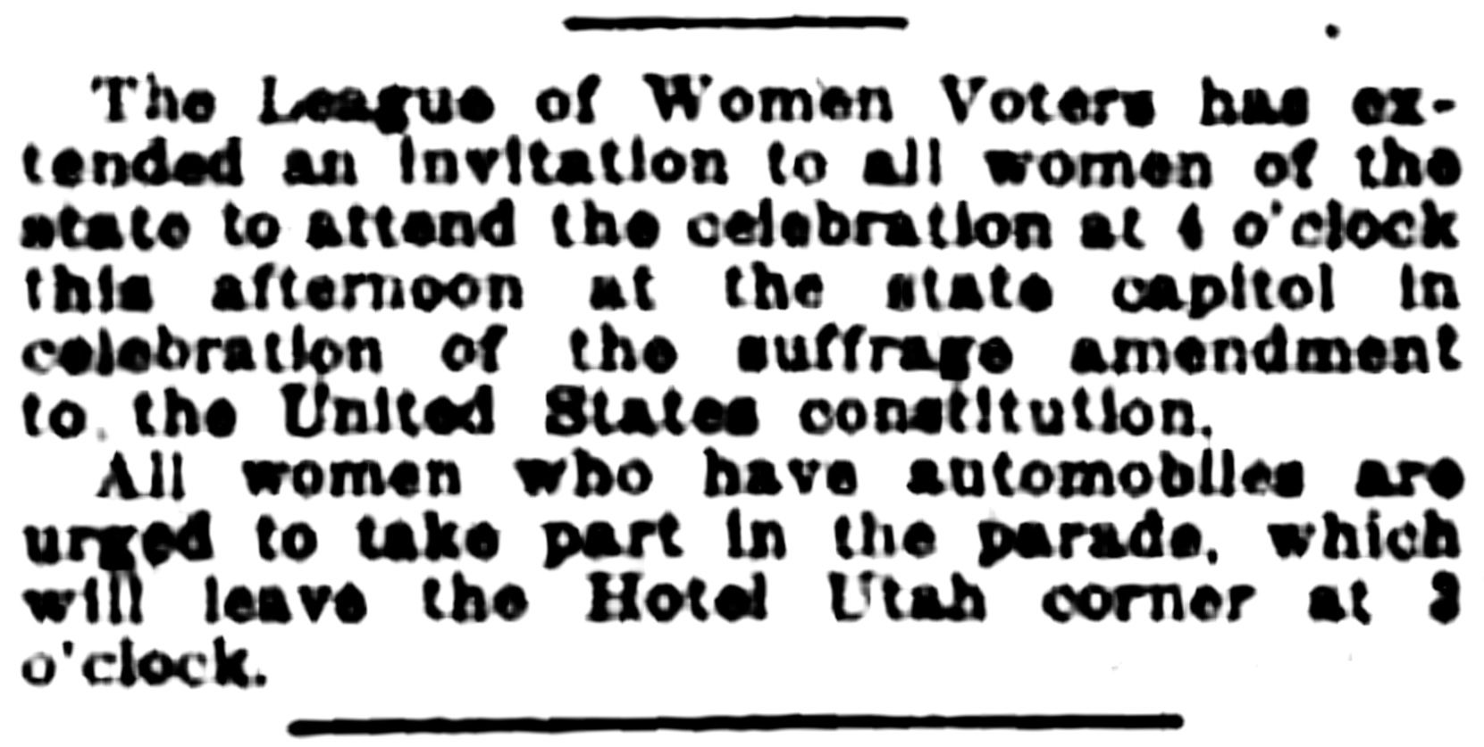 An old newspaper notice urges "all women who have automobiles ... to take part" in a parade celebrating women's suffrage