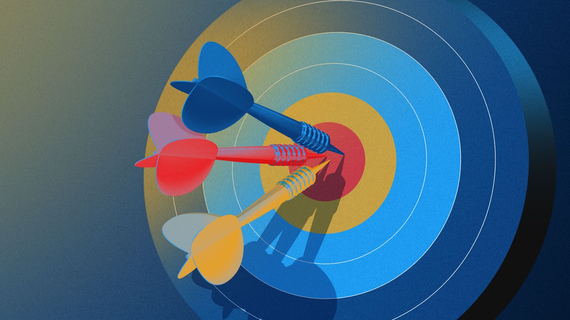 Illustration of three darts hitting the bullseye of a dartboard