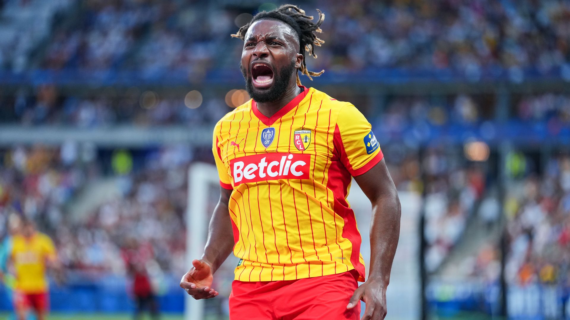 Allan Saint-Maximin of RC Lens celebrates after his team's first goal during French Cup Final between RC Lens and OGC Nice at Stade de France on May 22, 2026 in Paris, France. (Photo by Franco Arland/Getty Images)