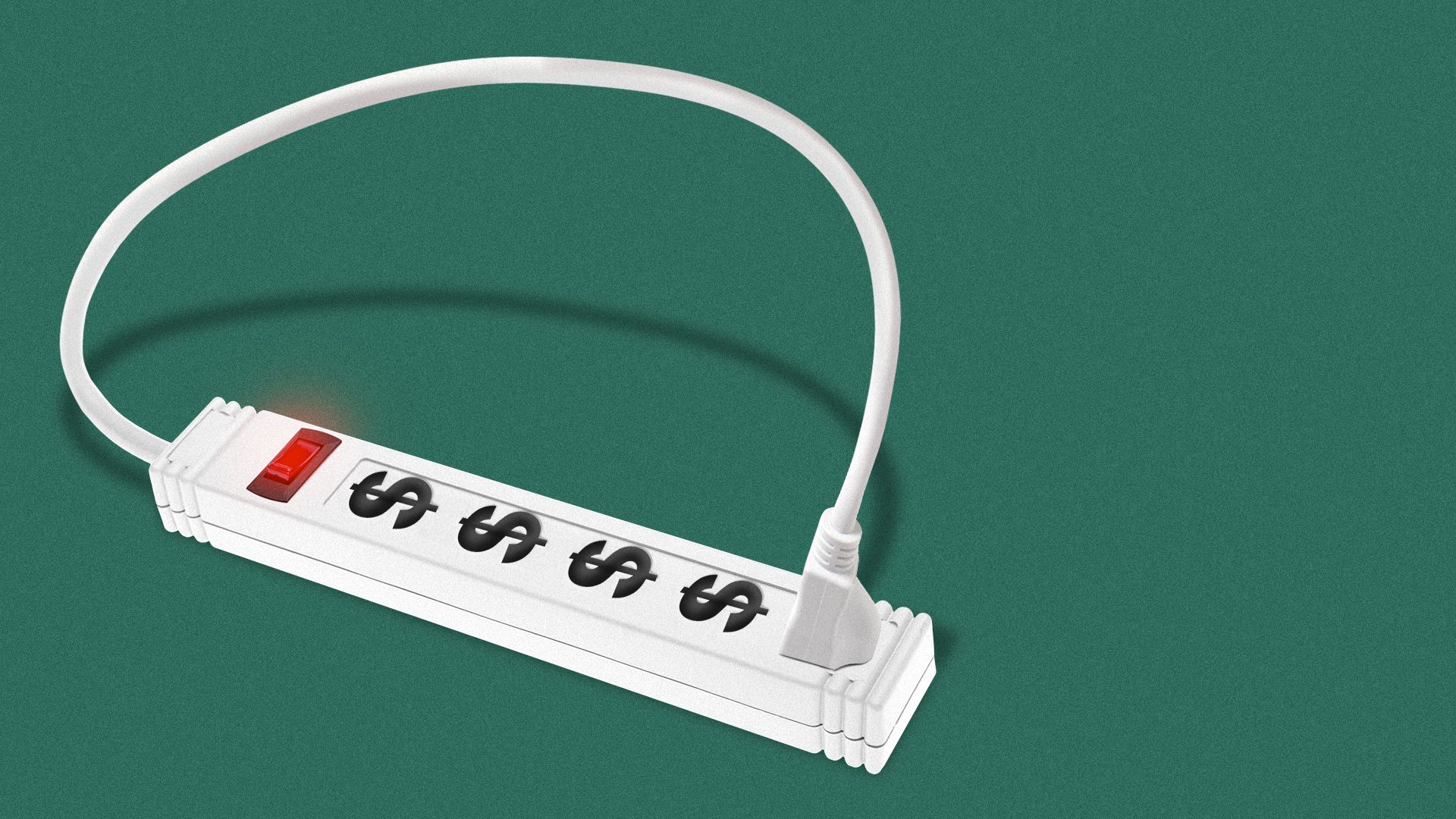 Illustration of a power strip with dollar sign shaped sockets plugged into itself.