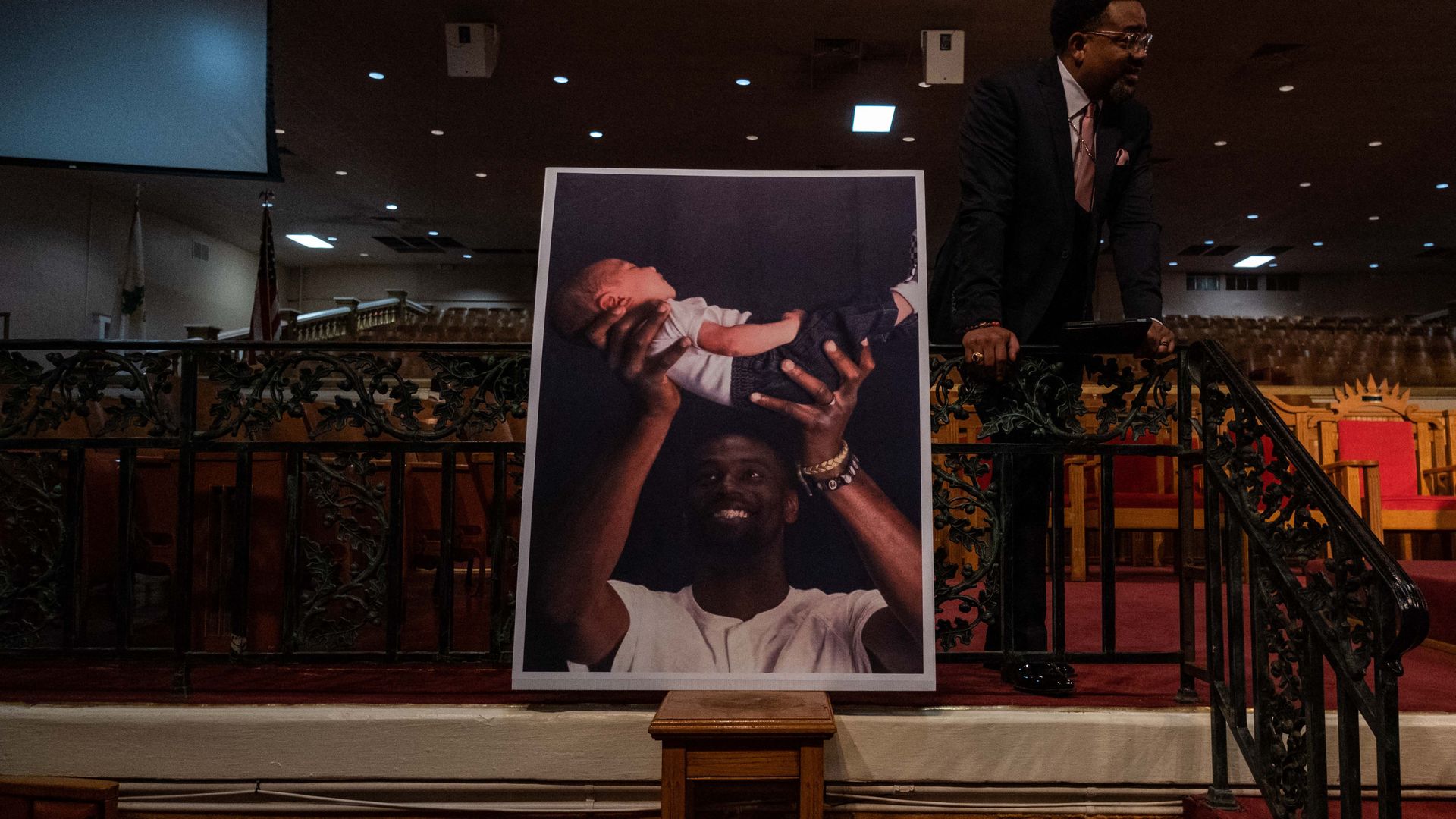 A poster of Tyre Nichols holding his child inside a Memphis church on Jan. 31.